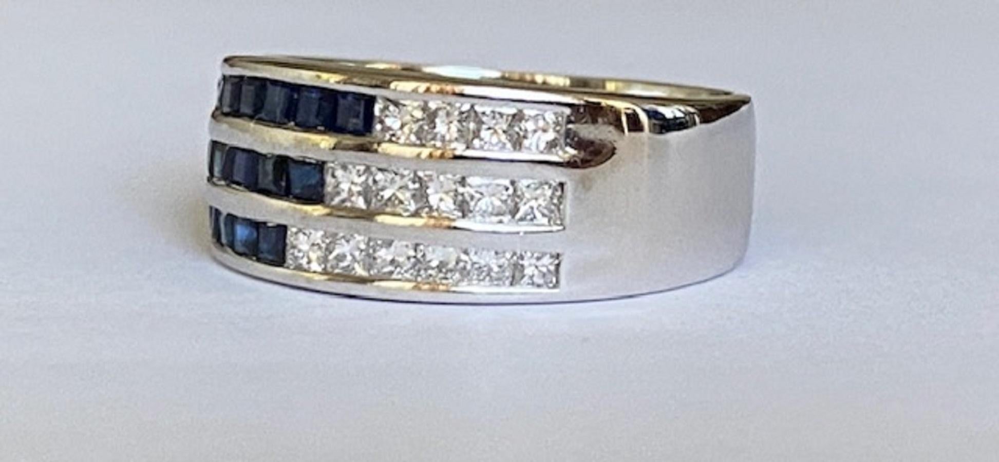 Contemporary 18 Kt. White Gold Ring with 0.30 Ct Diamonds and Sapphires For Sale