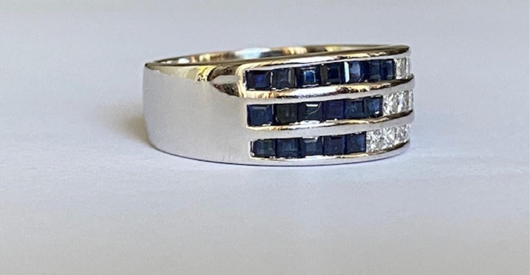 Princess Cut 18 Kt. White Gold Ring with 0.30 Ct Diamonds and Sapphires For Sale