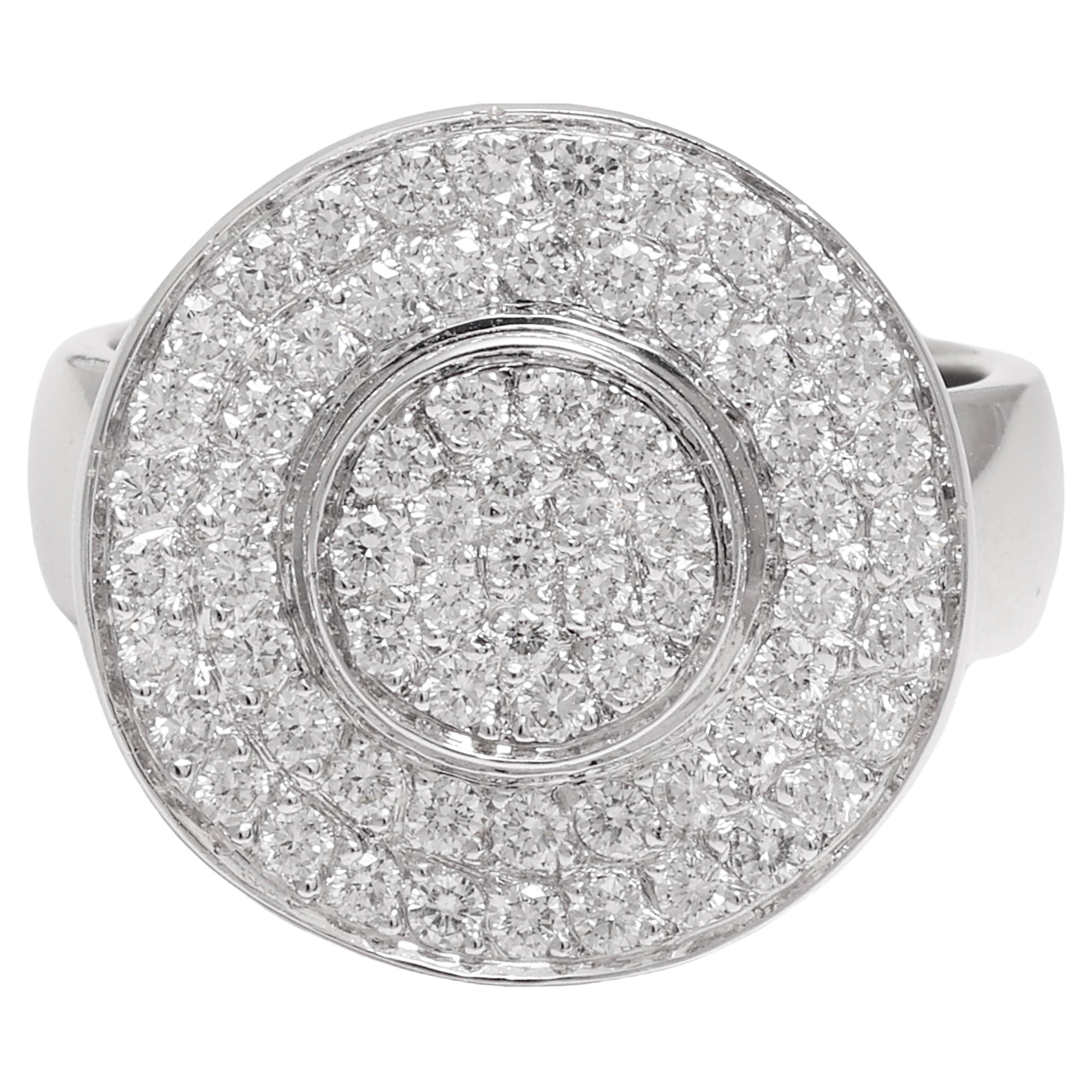 Beautiful 18 kt. White Gold Ring With 1.44 ct. Diamonds

Diamonds: Brilliant cut diamonds, together 1.44 ct.

Material: 18 kt. solid white gold

Ring size:  53.1 EU / 6.5 US, can be resized for free

Total weight: 8.6 grams / 0.305 oz / 5.5 dwt