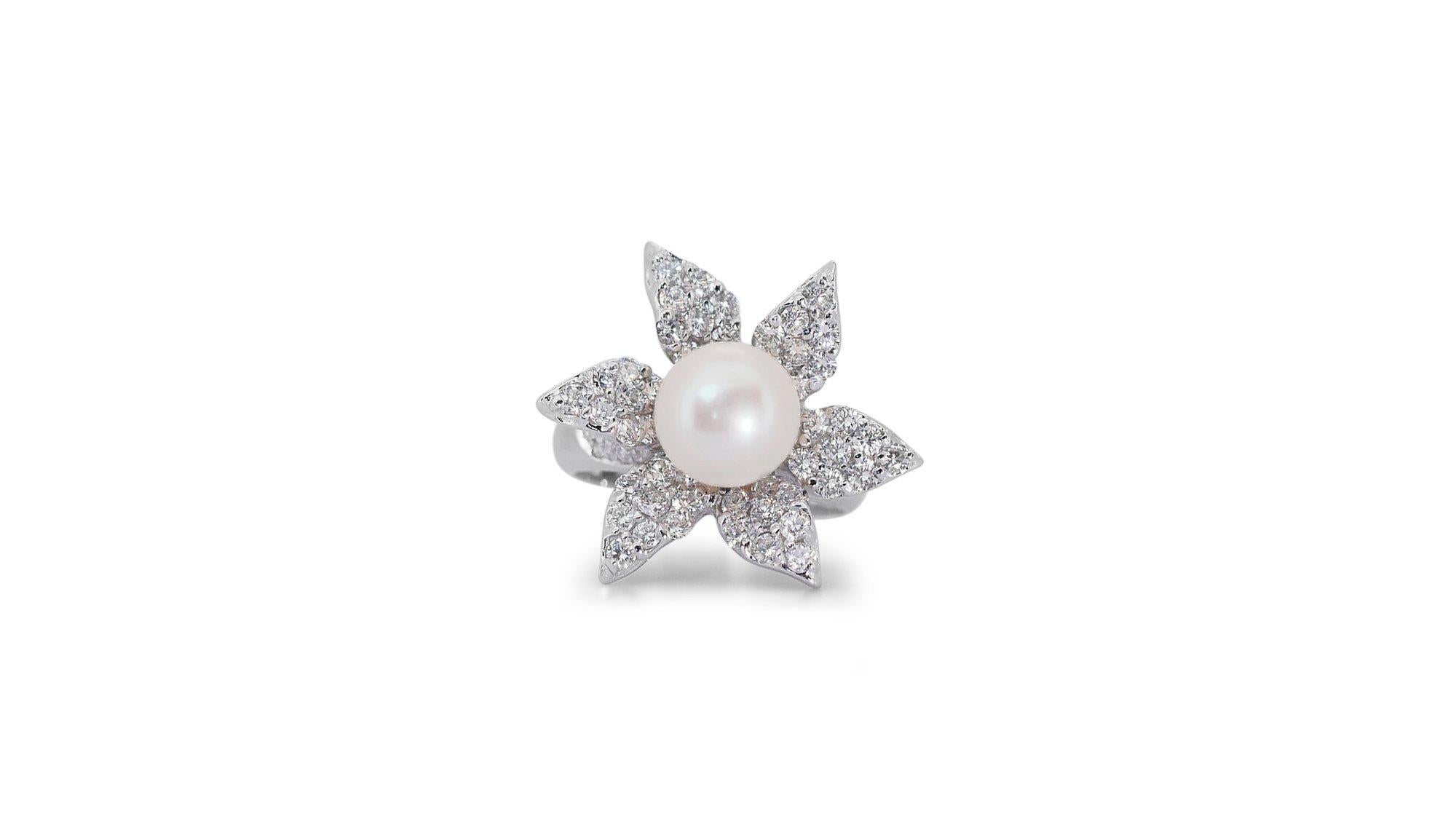 Round Cut 18 kt. White Gold Ring with 2.20 ct Natural Diamonds with Pearl  - AIG Cert For Sale