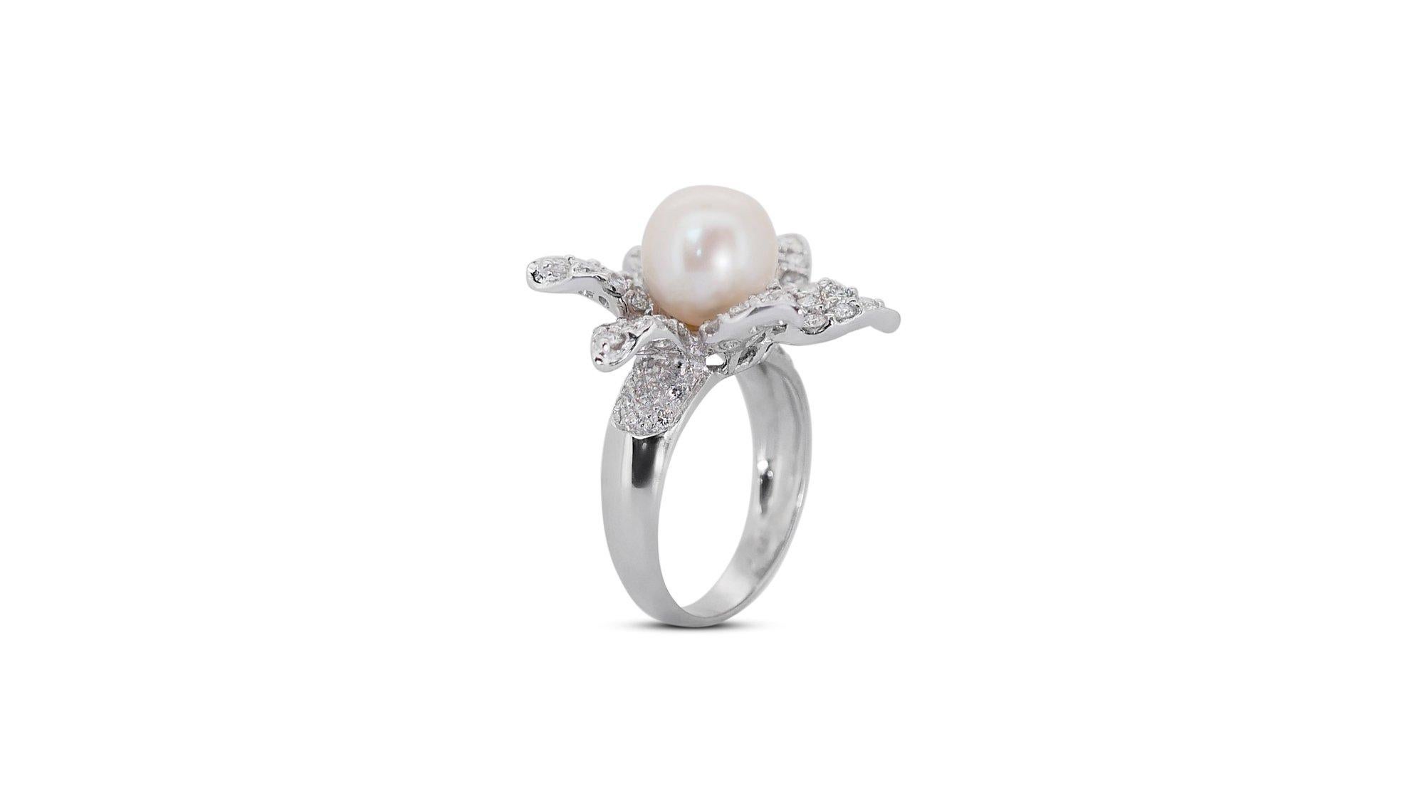 18 kt. Bague en or blanc avec diamants naturels de 2,20 carats et perle  - AIG Cert Pour femmes en vente