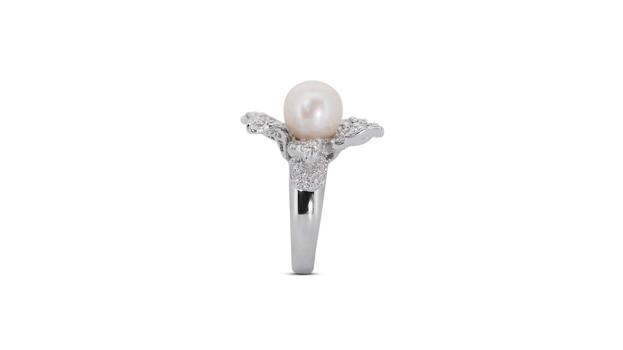 Women's 18 kt. White Gold Ring with 2.20 ct Natural Diamonds with Pearl  - AIG Cert For Sale