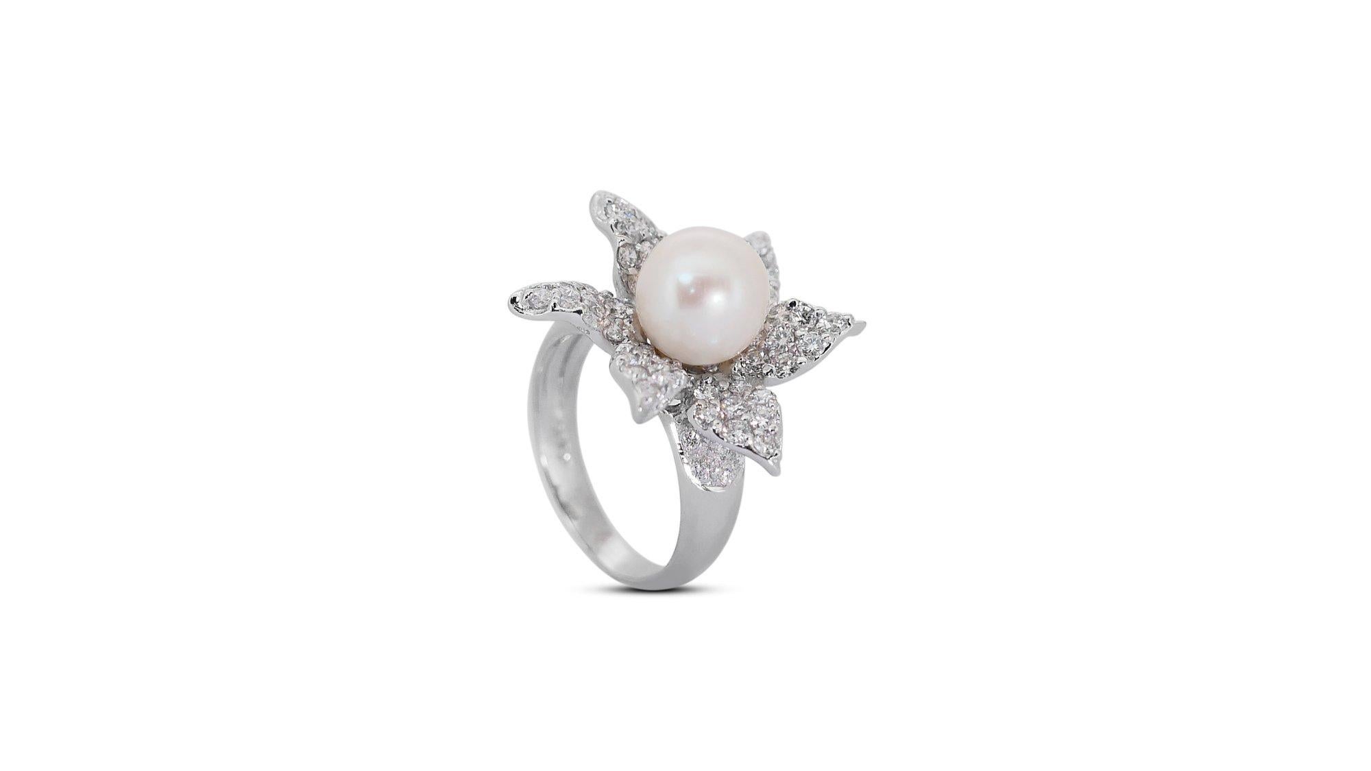 18 kt. Bague en or blanc avec diamants naturels de 2,20 carats et perle  - AIG Cert en vente 3