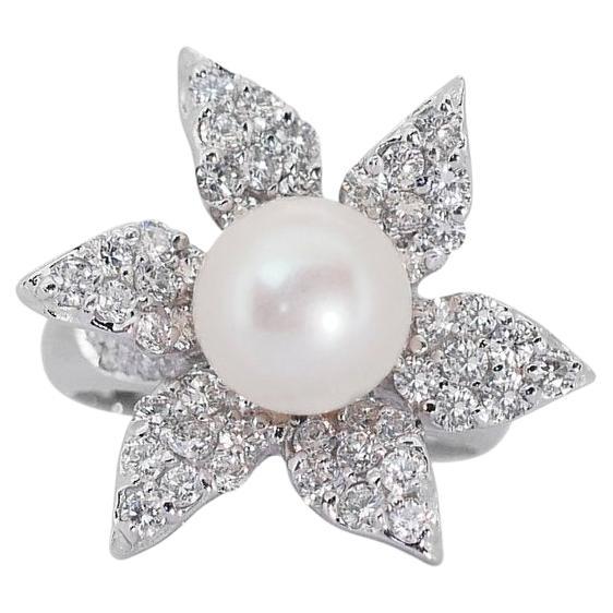 18 kt. White Gold Ring with 2.20 ct Natural Diamonds with Pearl  - AIG Cert For Sale
