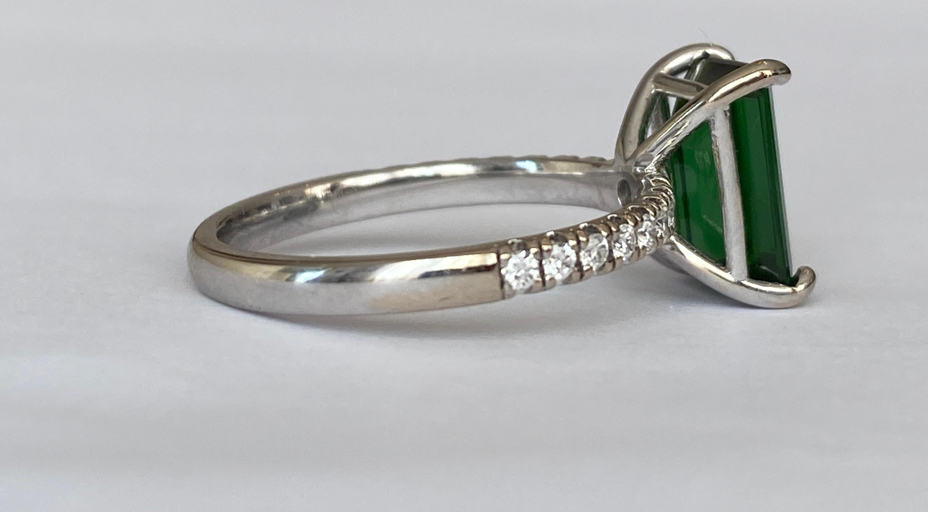 Emerald Cut 18 Kt. White Gold Ring with 2.47 Ct Tourmaline and Diamonds For Sale