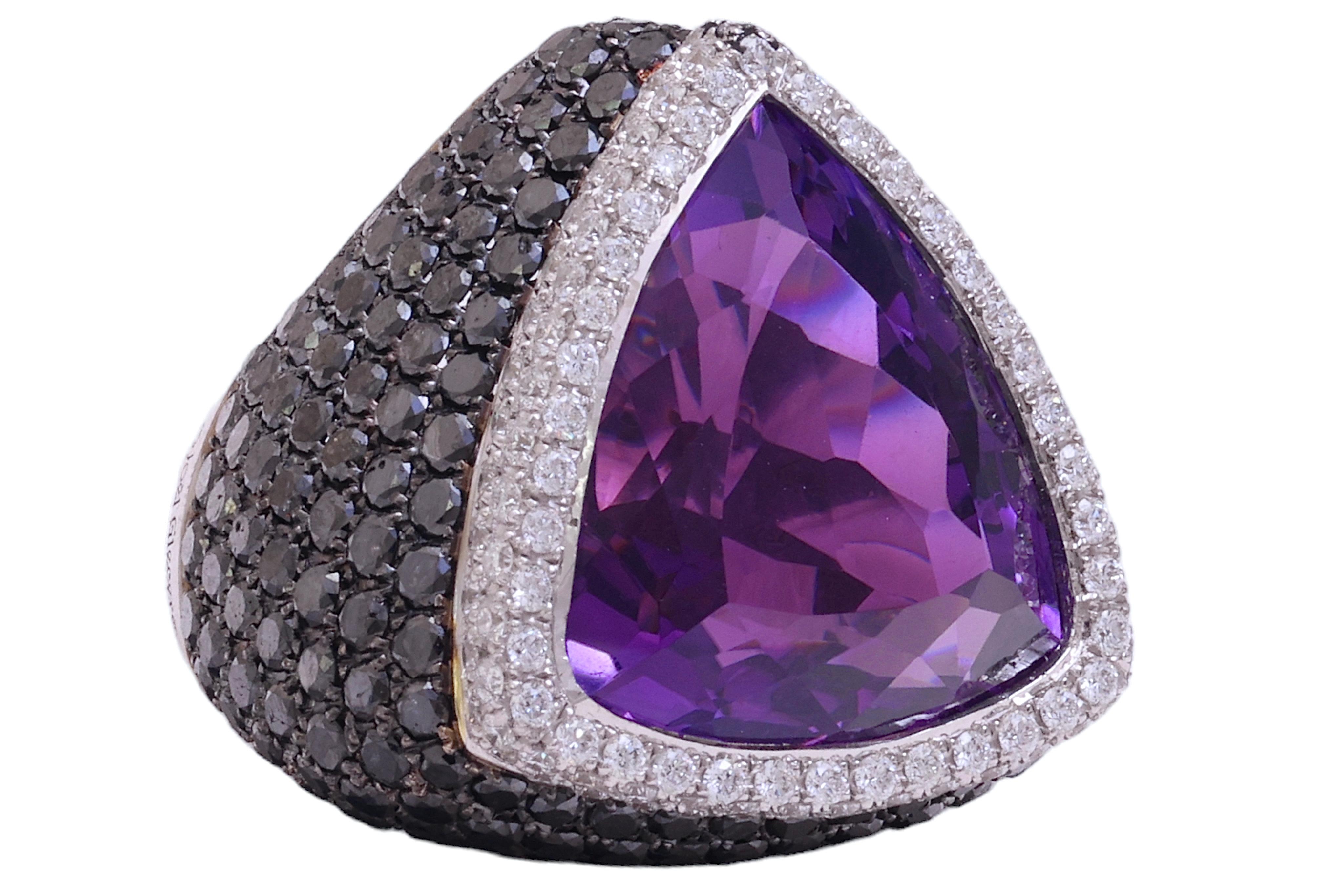 Artisan 18 kt. White Gold Ring With 27.25 ct. Amethyst, 11.33ct Black & White Diamonds  For Sale
