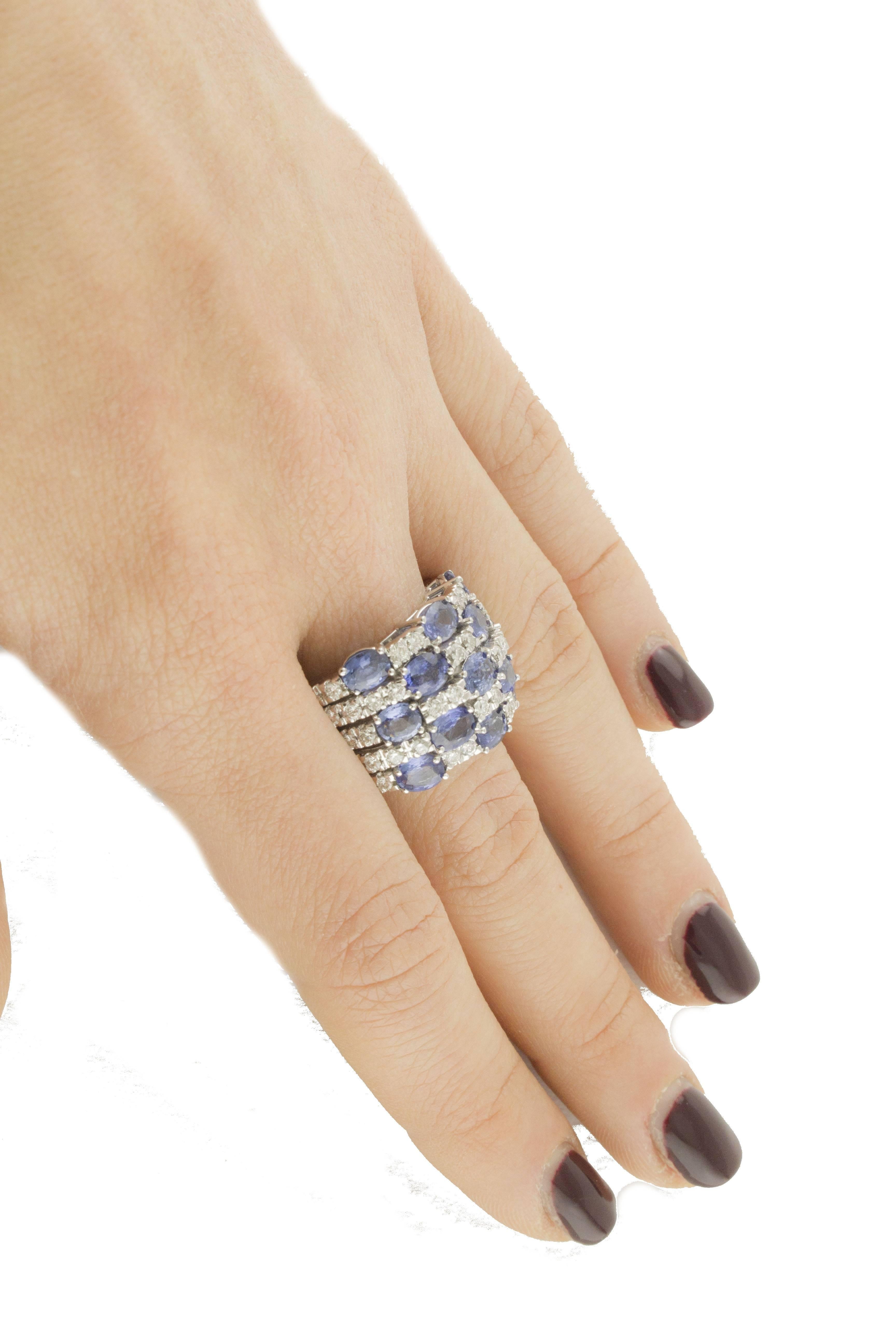  Diamond Sapphire White Gold Checkerboard  Ring In Good Condition In Marcianise, Marcianise (CE)