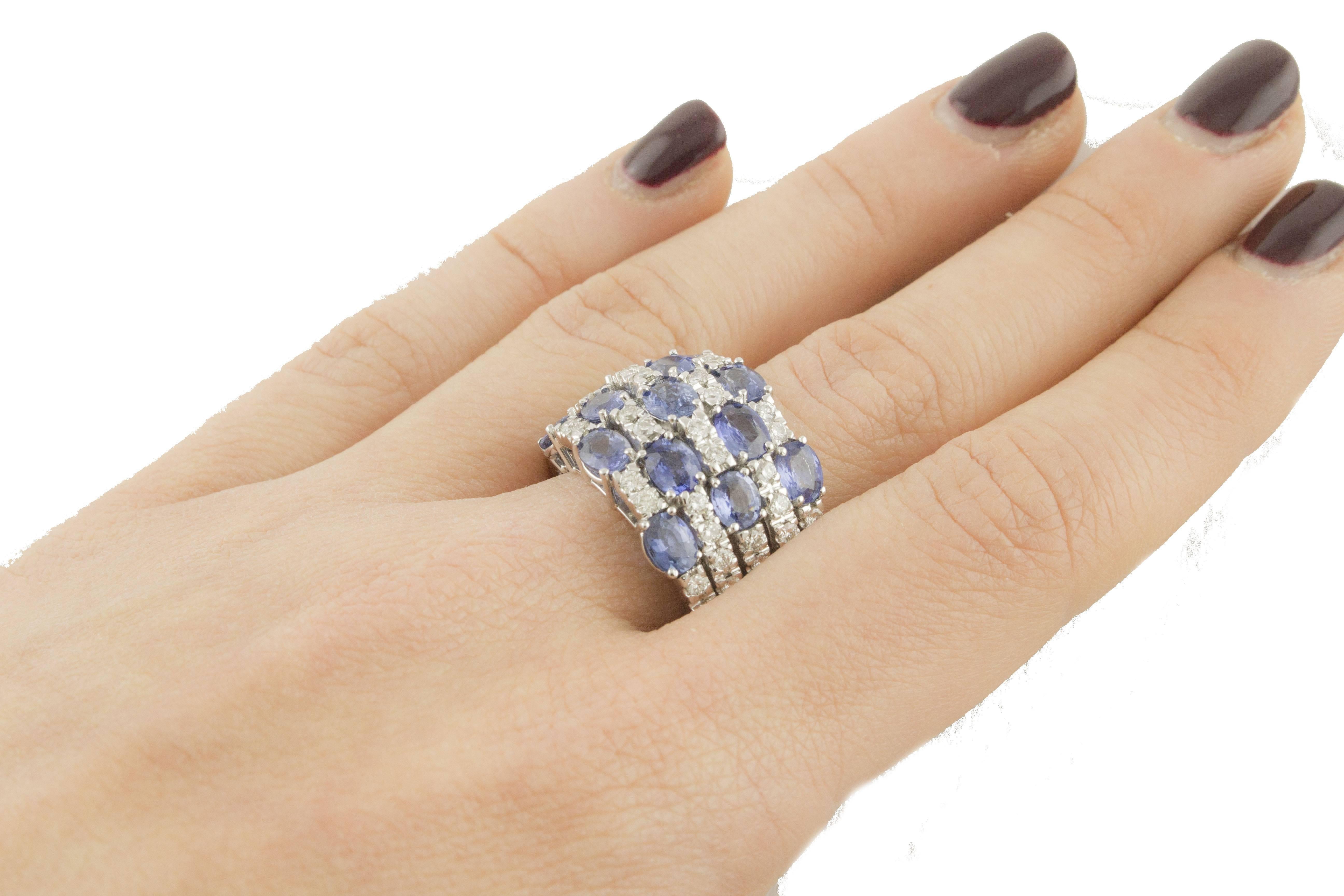 Women's  Diamond Sapphire White Gold Checkerboard  Ring