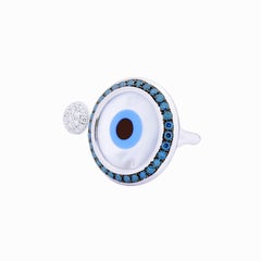 18 Karat White Gold Ring with Diamonds Turquoise and Mother of Pearl Inlay