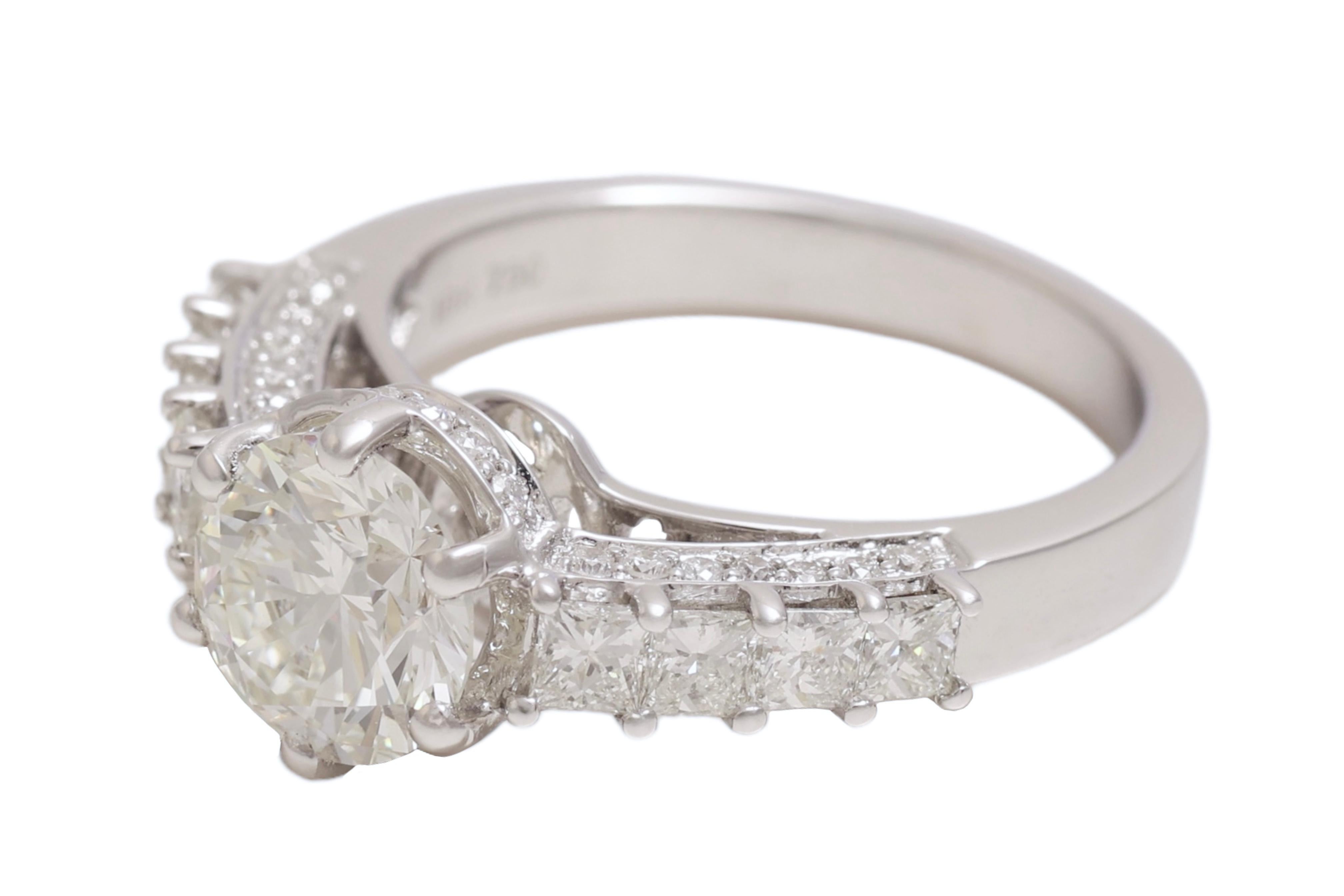 Princess Cut 18 kt. White Gold Ring with IGI Cert Solitaire Diamond 1.6 ct. & 1 ct. Diamonds For Sale