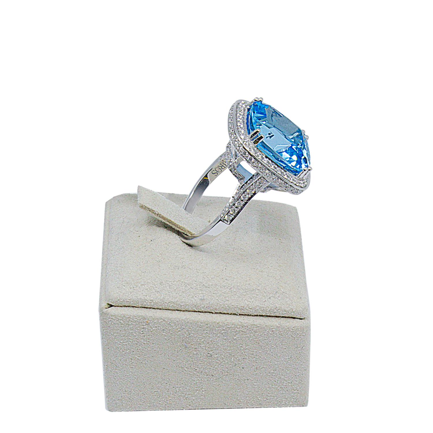 Cushion Cut 18 Karat White Gold Ring with White and Blue Diamonds and Topaz For Sale