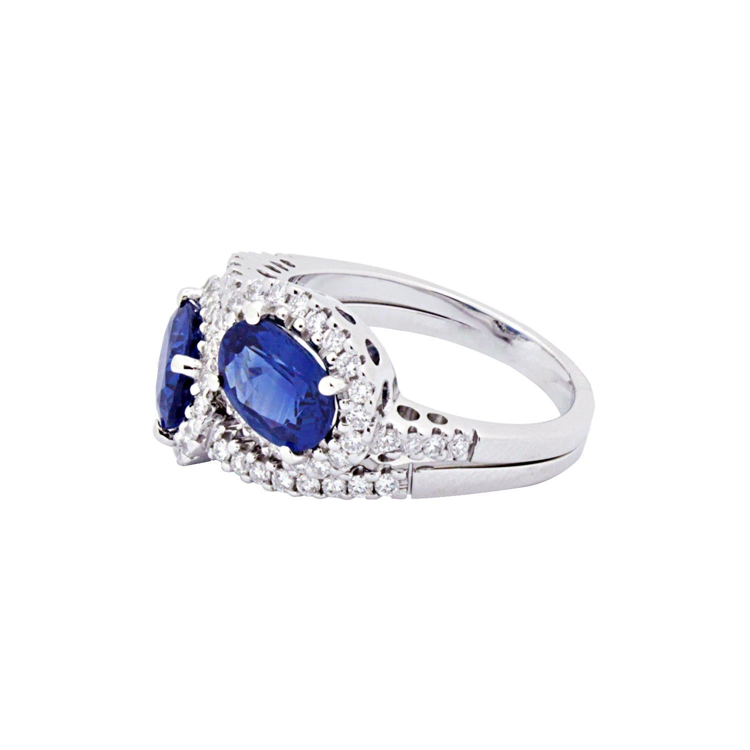 18 Karat White Gold Brilliant Cut Diamond and Sapphire Engagement Ring
A ring fit for royalty.
Description of Gemstones –
White Brilliant Cut Diamonds, total carat weight – 0.70ct ‘F’ Colour ‘VVS1’ Clarity
Sapphire, total carat weight - 3.86ct
