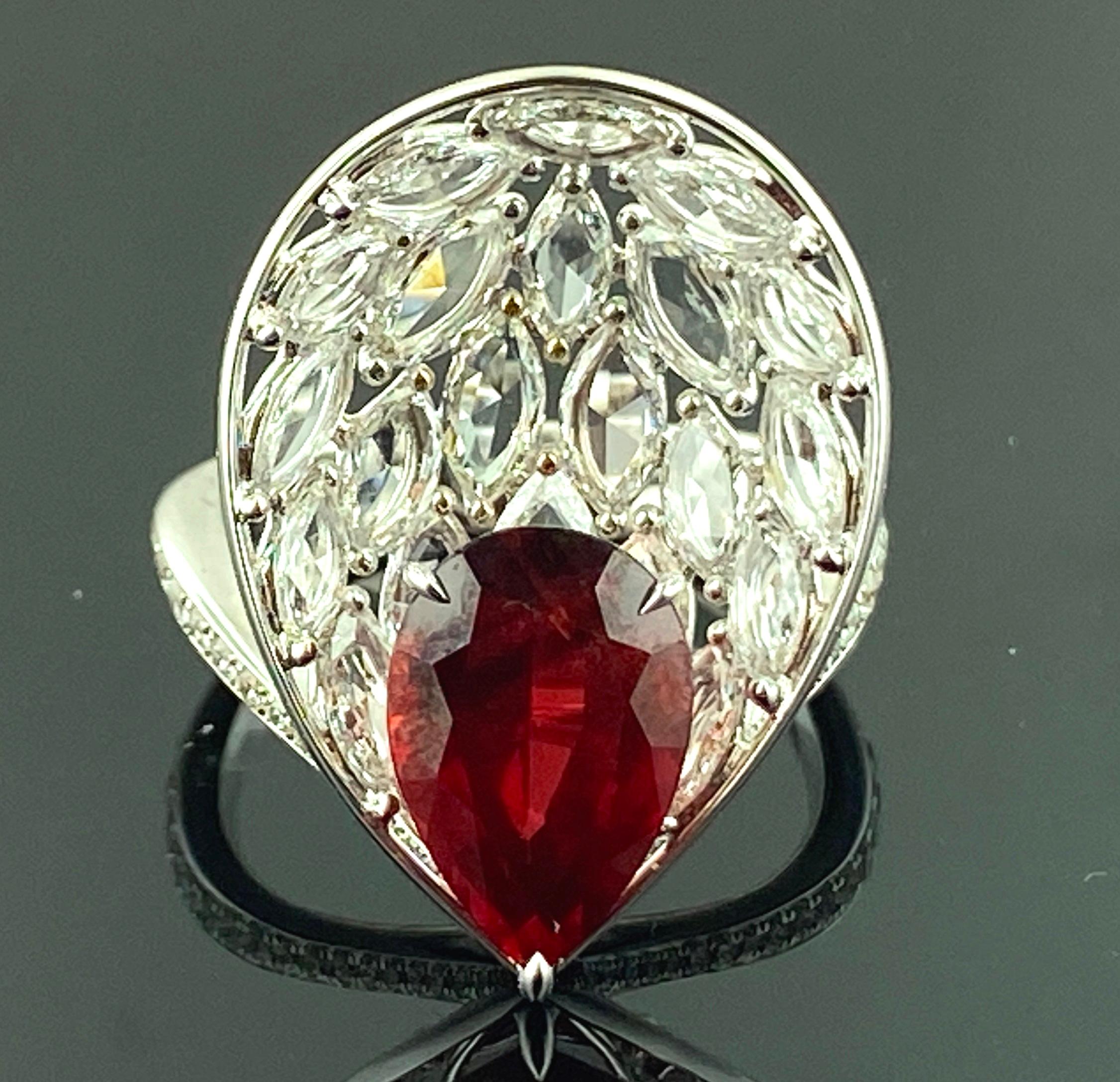 Pear Cut 18 Karat White Gold Ruby and Diamond Ring For Sale