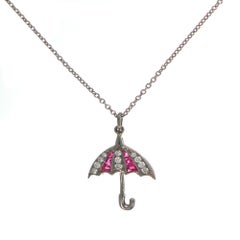 18 Karat White Gold Ruby Diamond Umbrella Charm or Pendent