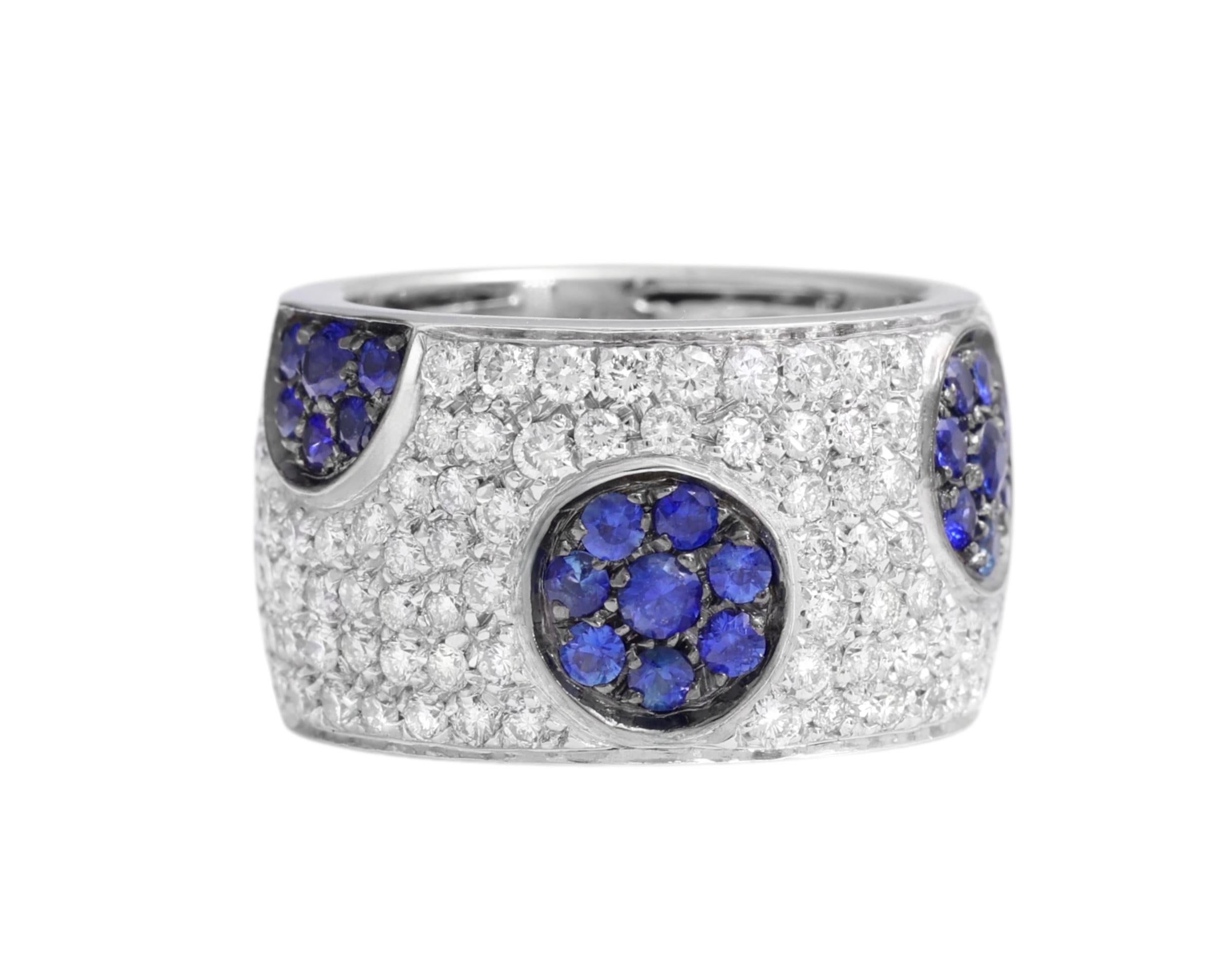 18 Kt White Gold Sapphires & Brilliant Cut Diamonds Ring 

Completely Designed & Handcrafted in our workshop.

Sapphires : Round Cut, 0.83 Ct 

Diamonds : Brlliant Cut, 3.6 Ct