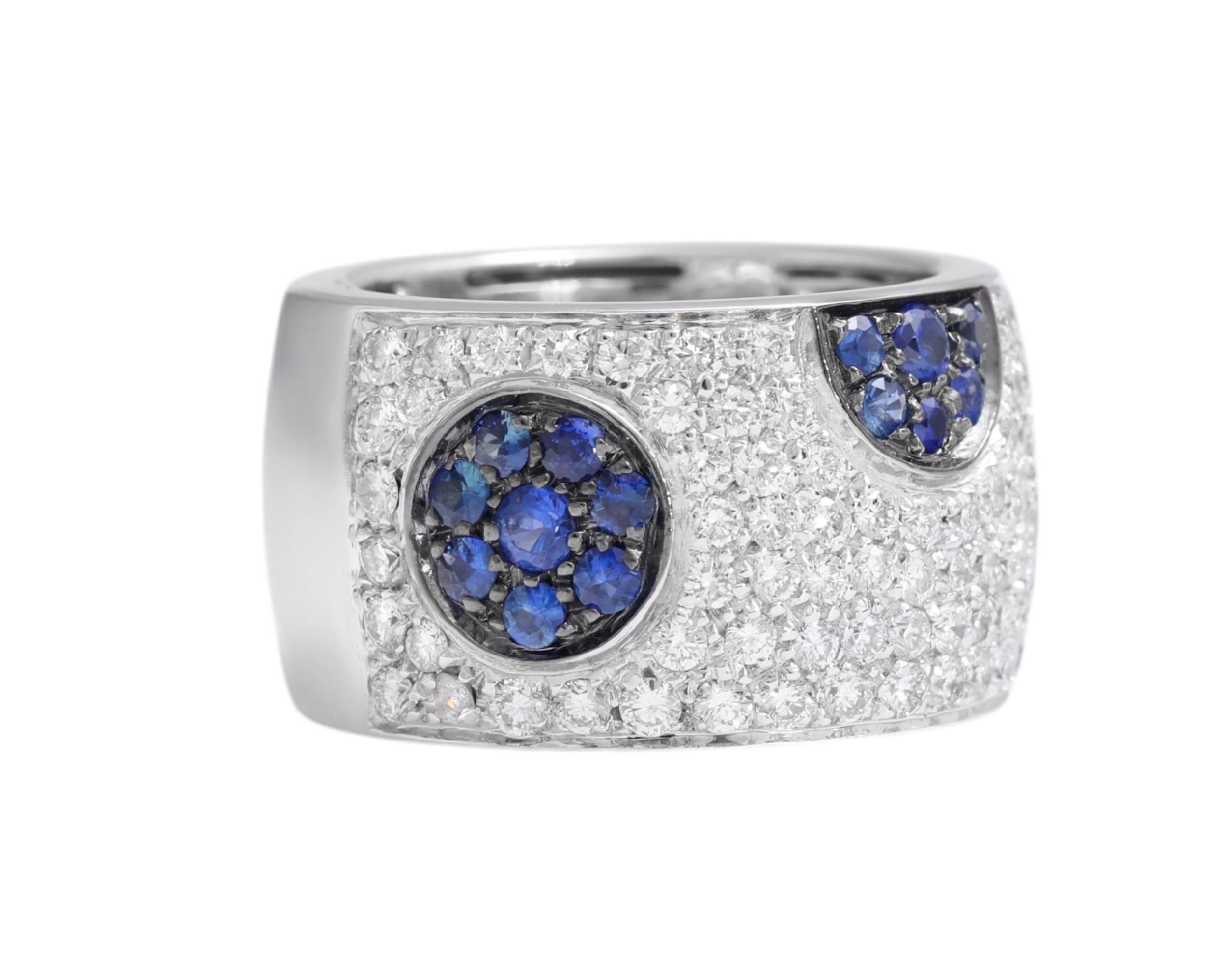 Women's or Men's 18 Kt White Gold Sapphires & Brilliant Cut Diamonds Ring For Sale