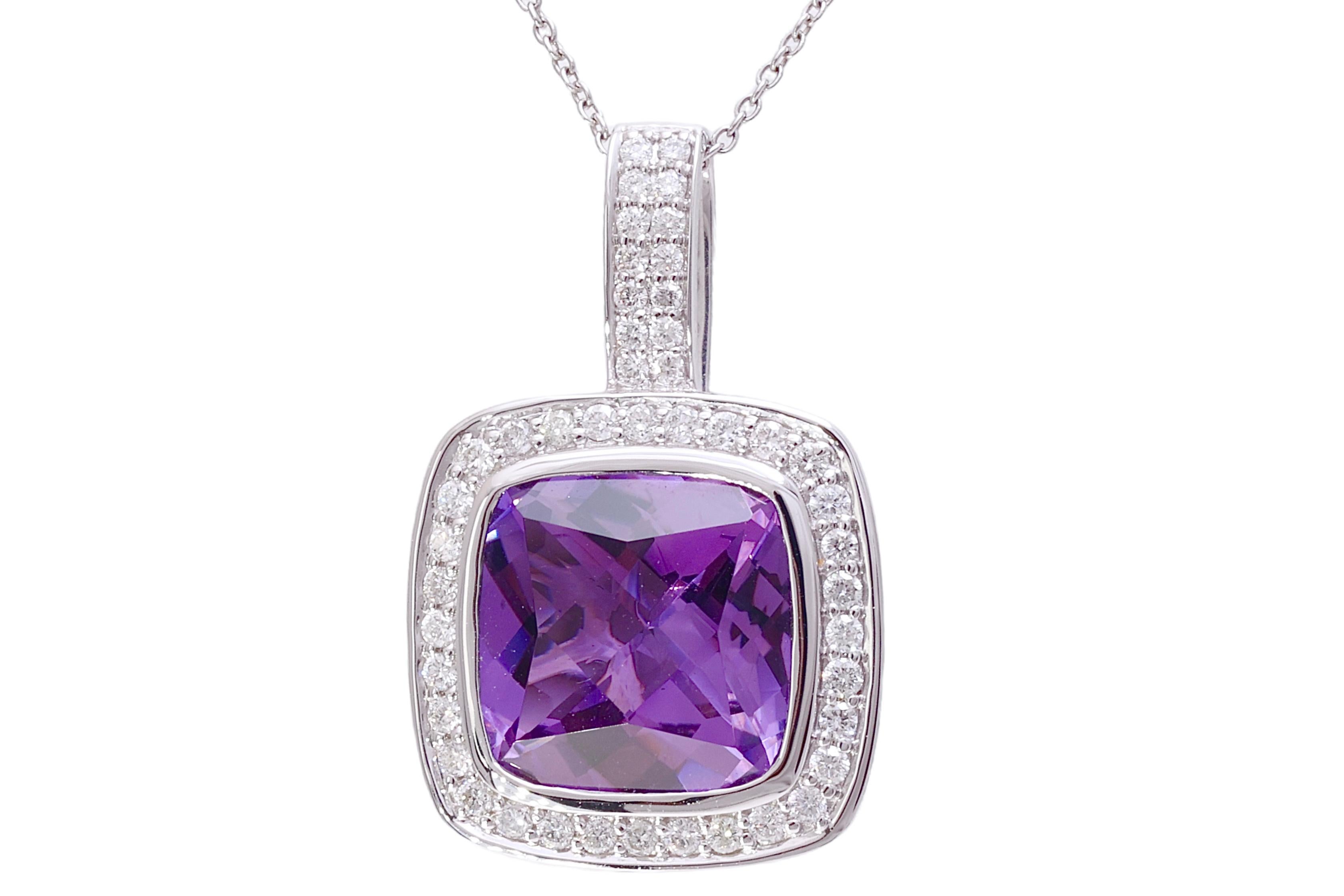 Modern 18 kt. White Gold Set Necklace, Earrings, Ring With Amethyst & Diamonds  For Sale
