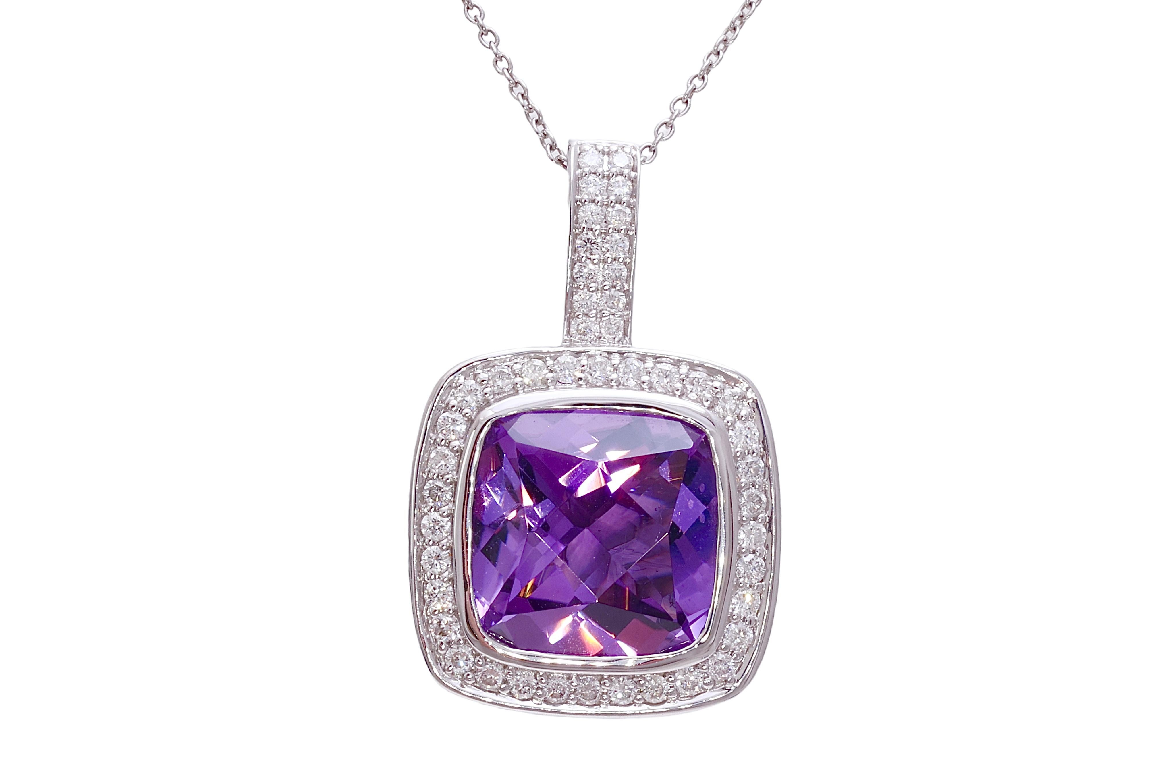 Cushion Cut 18 kt. White Gold Set Necklace, Earrings, Ring With Amethyst & Diamonds  For Sale