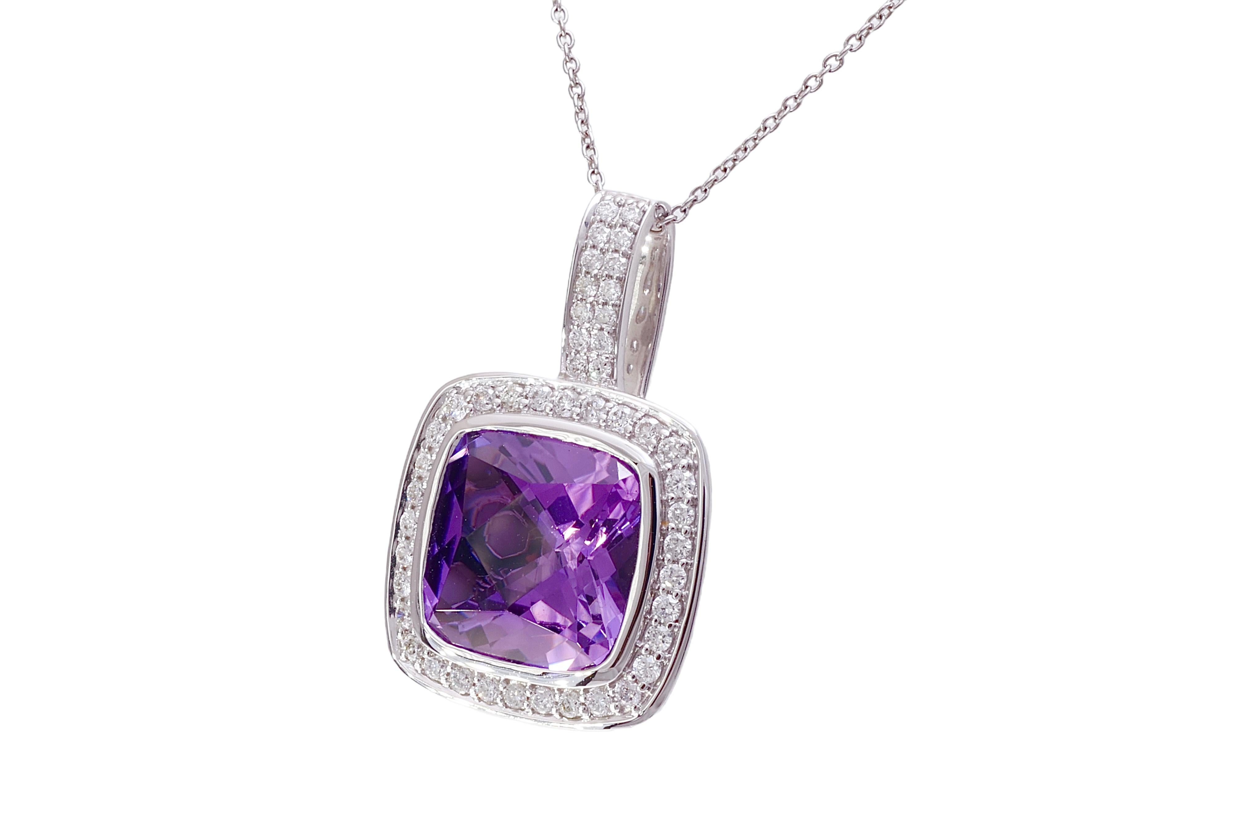 Women's or Men's 18 kt. White Gold Set Necklace, Earrings, Ring With Amethyst & Diamonds  For Sale
