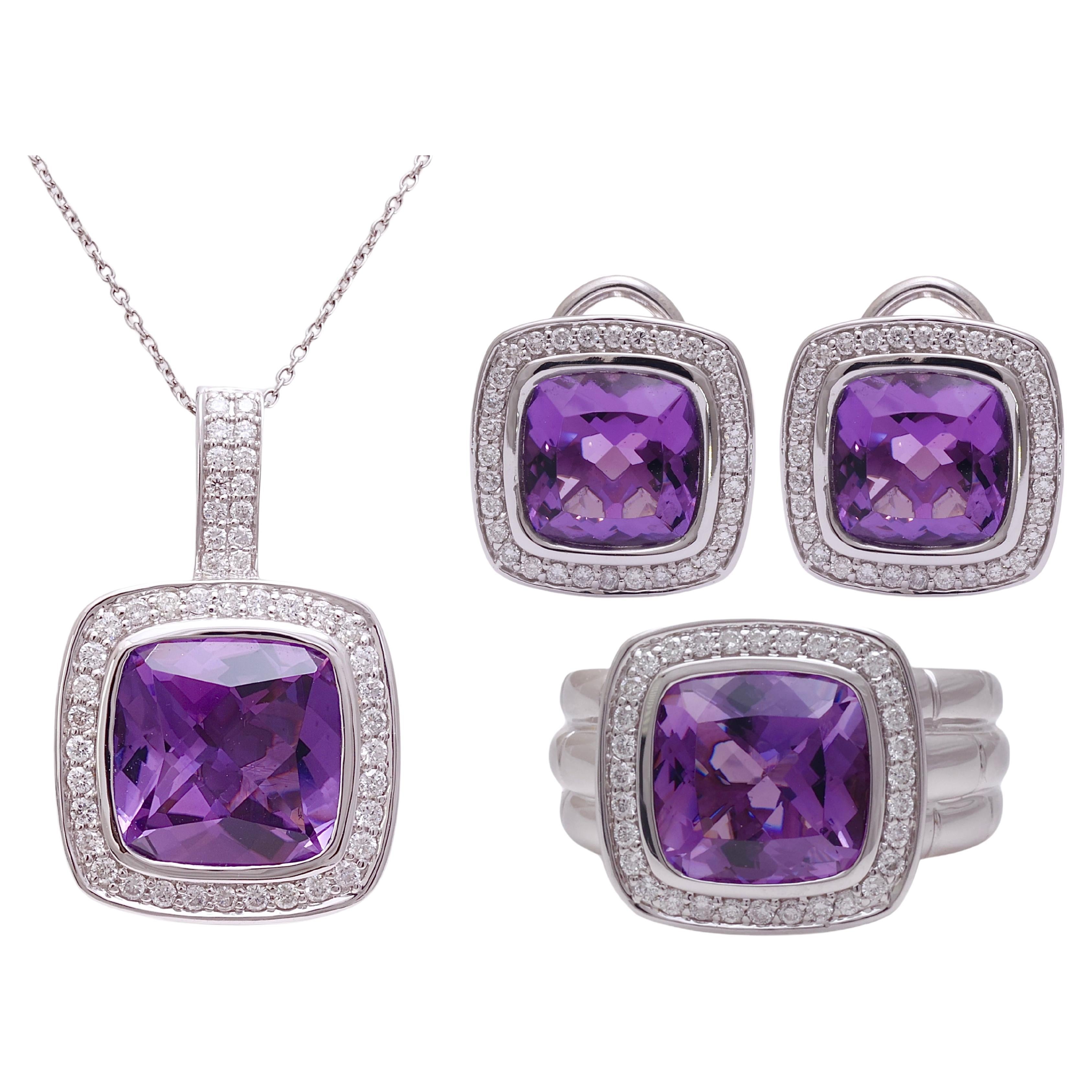 18 kt. White Gold Set Necklace, Earrings, Ring With Amethyst & Diamonds 