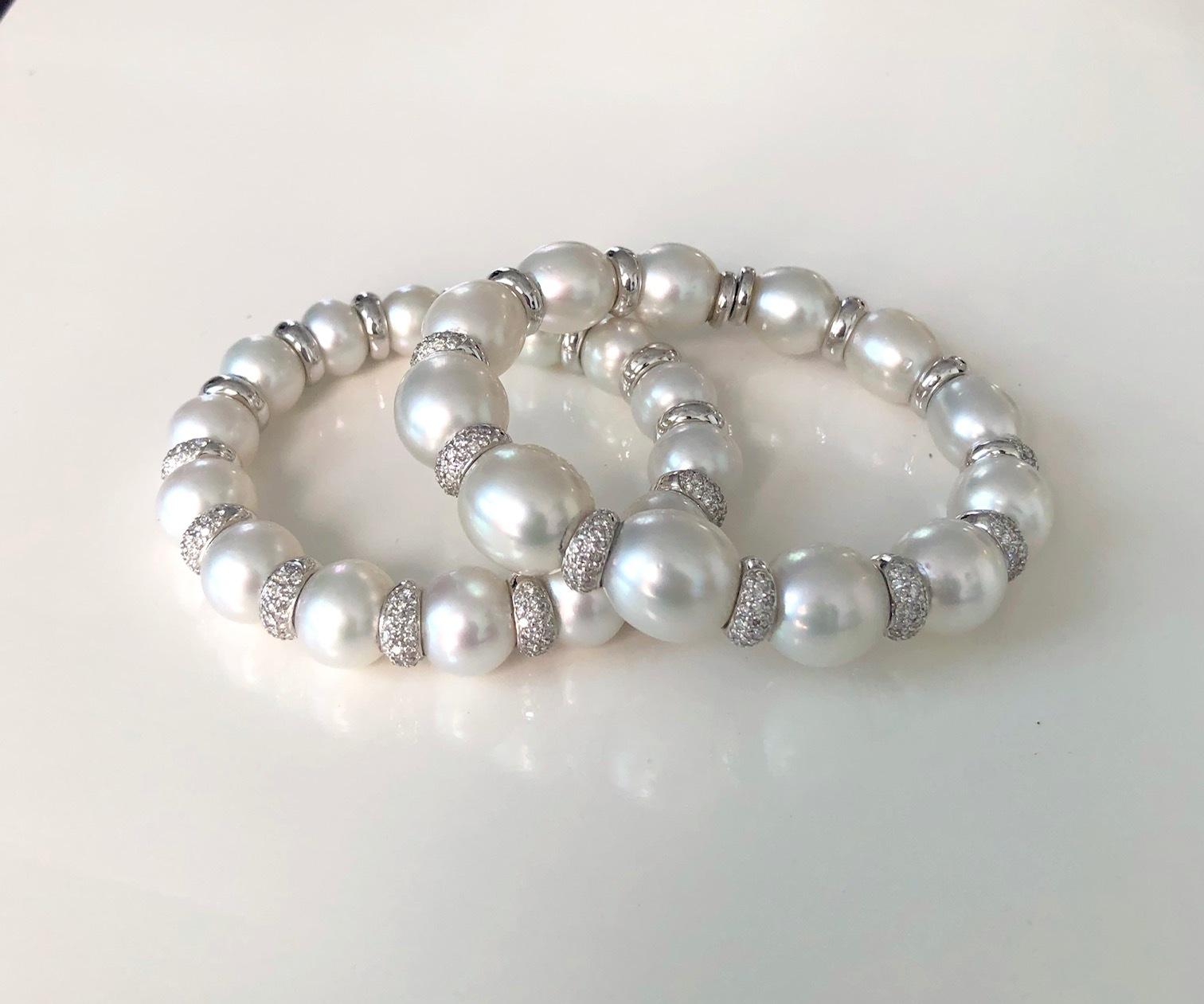 18 Karat White Gold South Sea Pearl and Diamond Bangle Bracelet For Sale 4