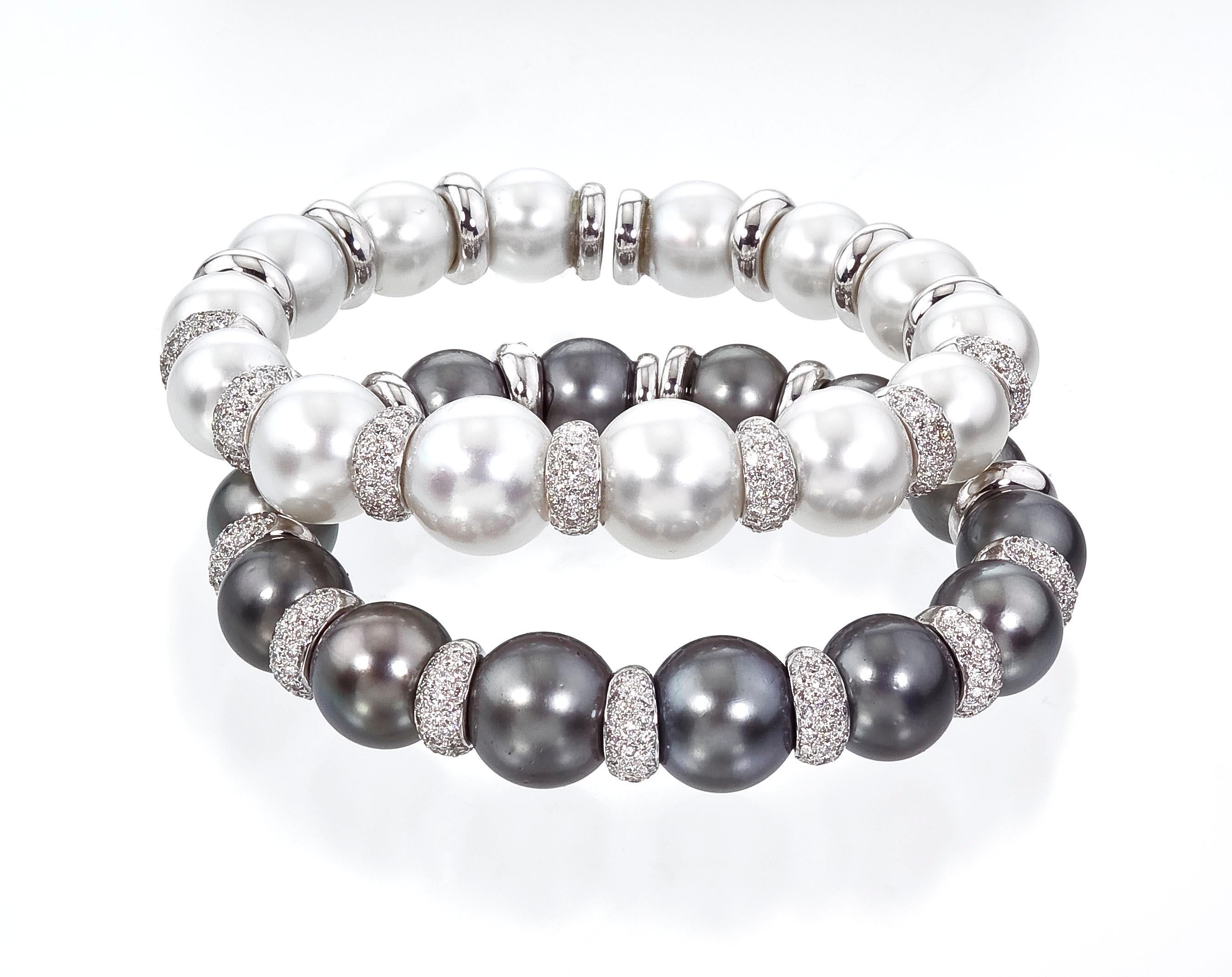 18 Karat White Gold South Sea Pearl and Diamond Bangle Bracelet For Sale 8