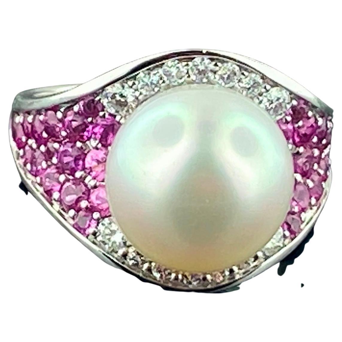18 Kt White Gold South Sea Pearl, Pink Sapphire and Diamond Ring For Sale