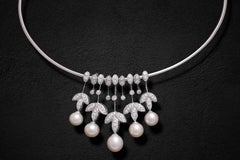 18 kt white gold Sturdy necklace with sliding pendants with Diamonds & Pearls