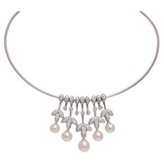 18 kt white gold Sturdy necklace with sliding pendants with Diamonds & Pearls