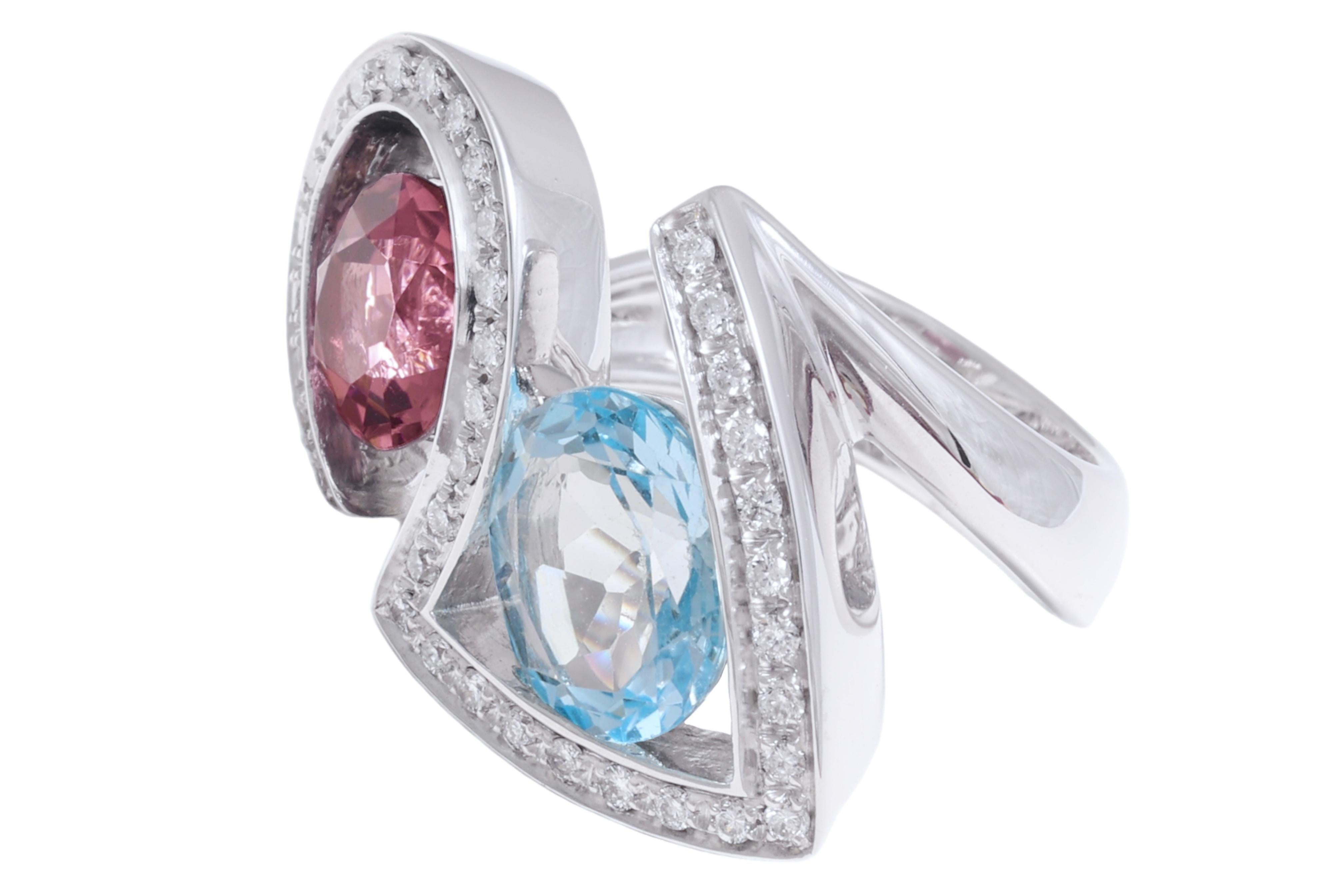 Brilliant Cut 18 kt. White Gold Toi & Moi Ring 3.5 ct. Topaz, 2.20 ct. Tourmaline, Diamonds For Sale