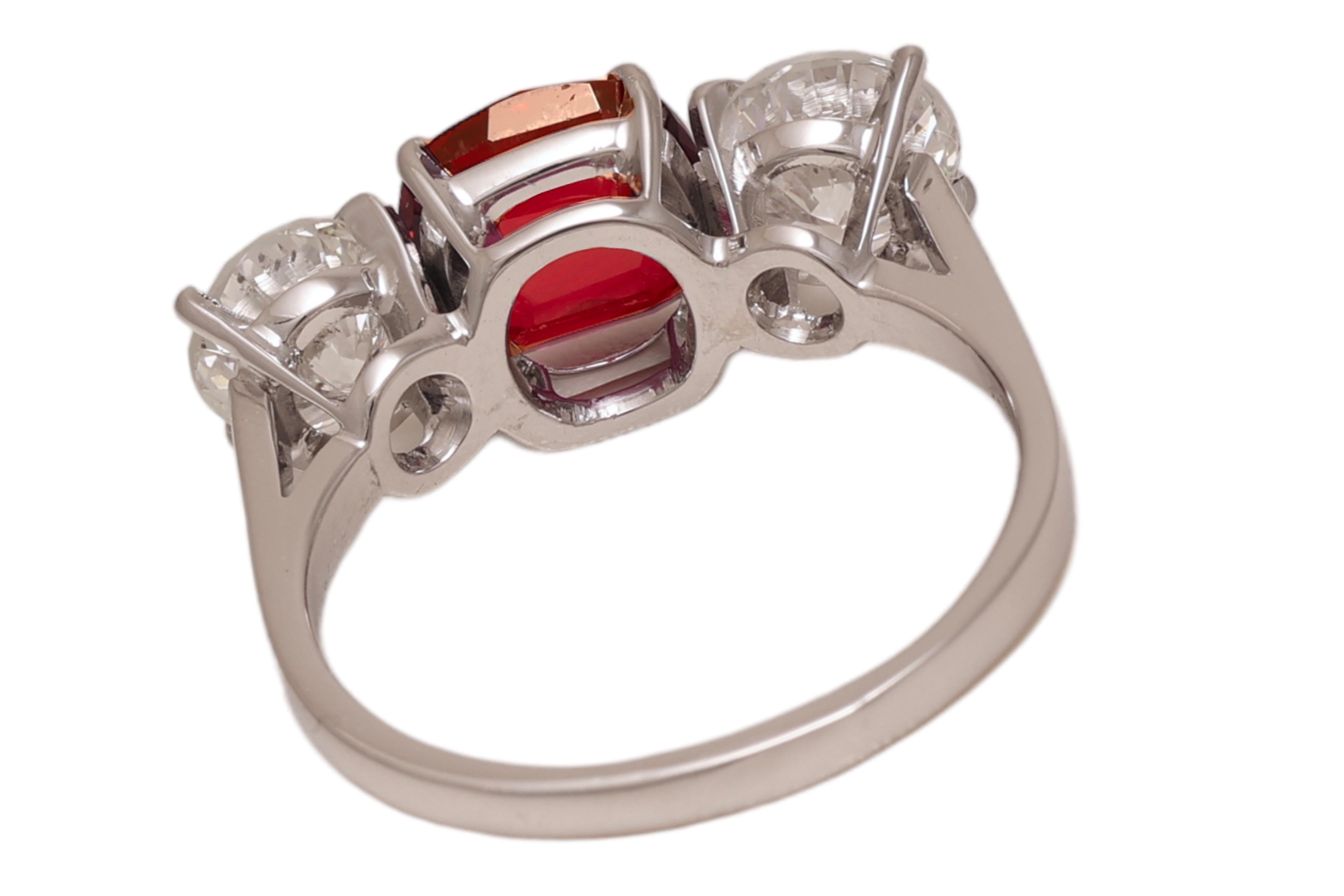 Brilliant Cut 18 kt. White Gold Trilogy Ring  2.2 ct. Vivid Red Siam Ruby & 1.73 ct. Diamonds For Sale