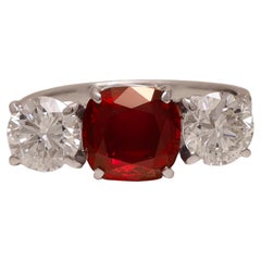 Vintage 18 kt. White Gold Trilogy Ring  2.2 ct. Vivid Red Siam Ruby & 1.73 ct. Diamonds