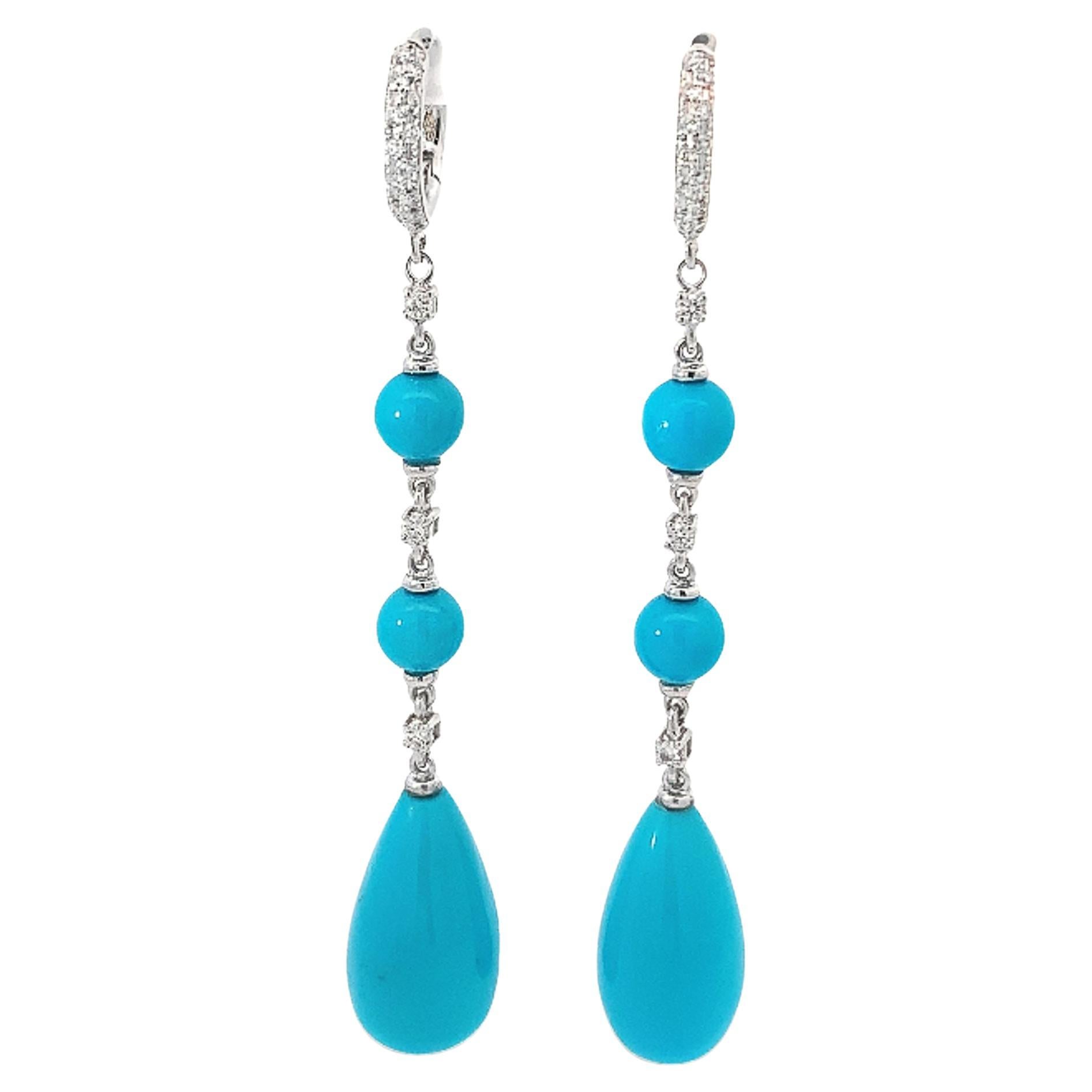 18 Kt White Gold Turquoise and  Diamonds Garavelli Hanging Earrings