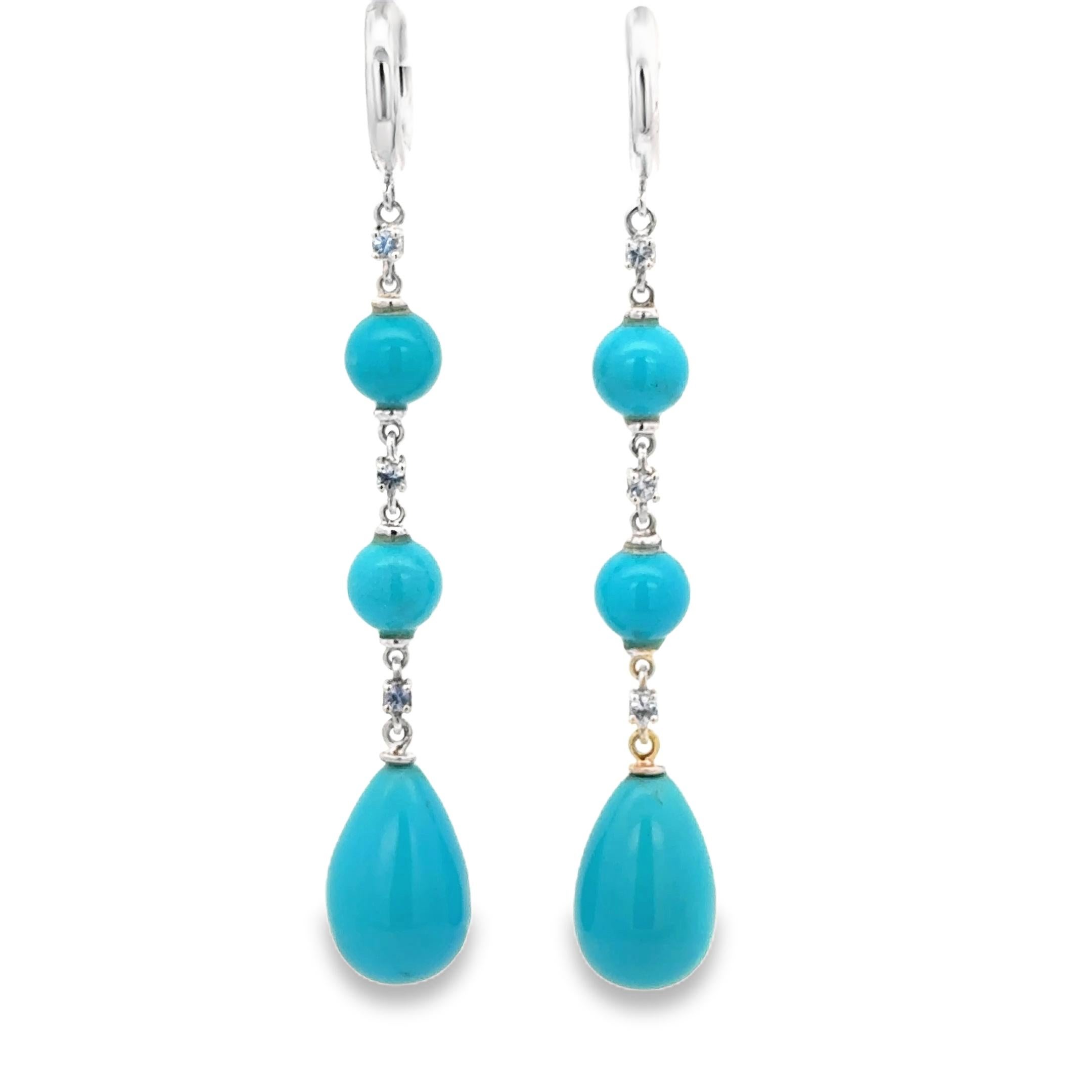 Contemporary 18 Kt White Gold Turquoise and  Sapphires Garavelli Hanging Earrings For Sale
