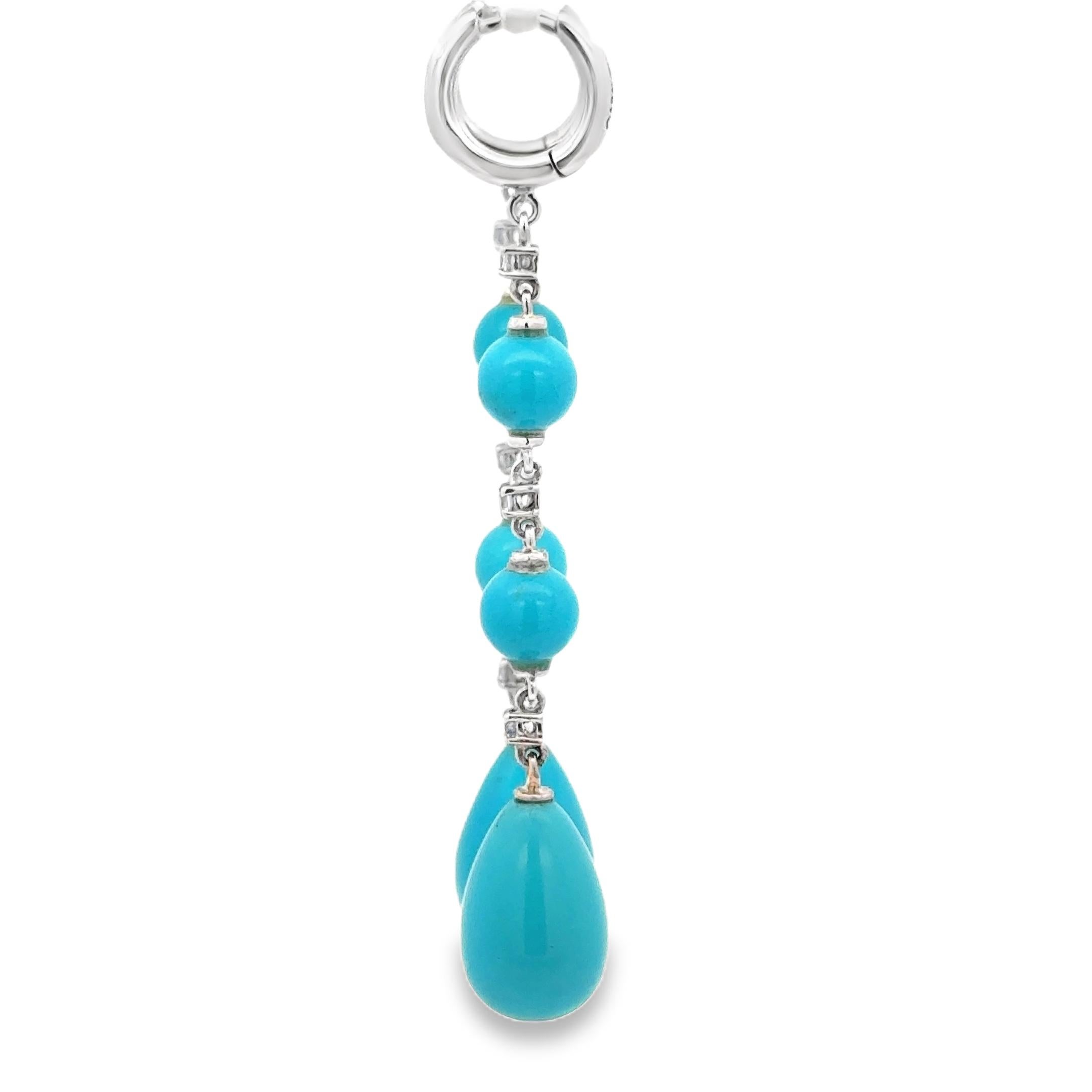 Round Cut 18 Kt White Gold Turquoise and  Sapphires Garavelli Hanging Earrings For Sale