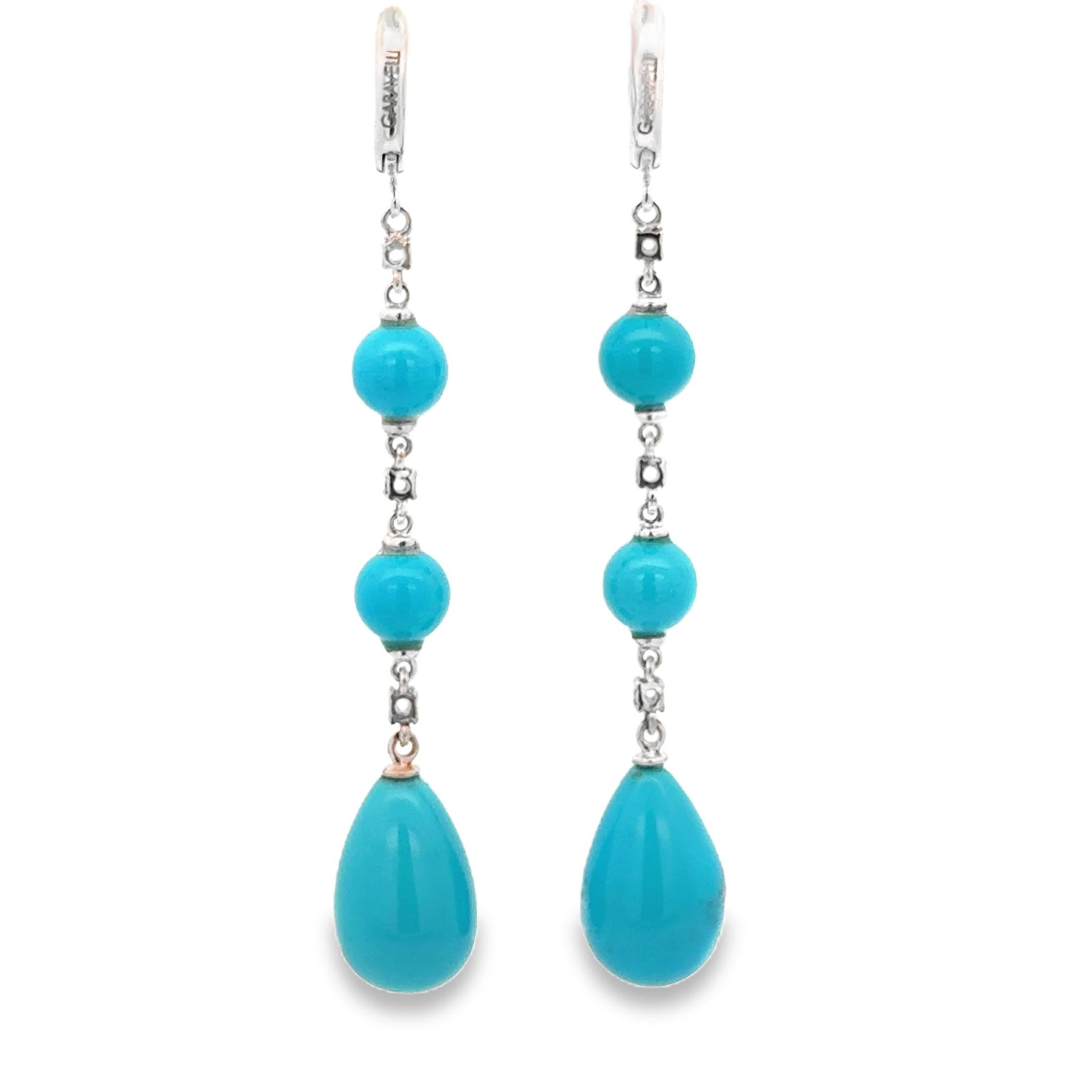 18 Kt White Gold Turquoise and  Sapphires Garavelli Hanging Earrings In New Condition For Sale In Valenza, IT