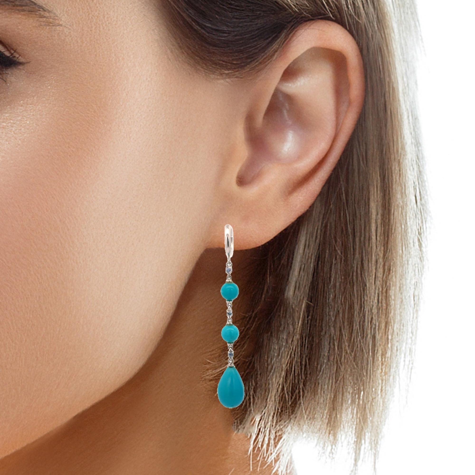 18 Kt White Gold Turquoise and  Sapphires Garavelli Hanging Earrings For Sale 1