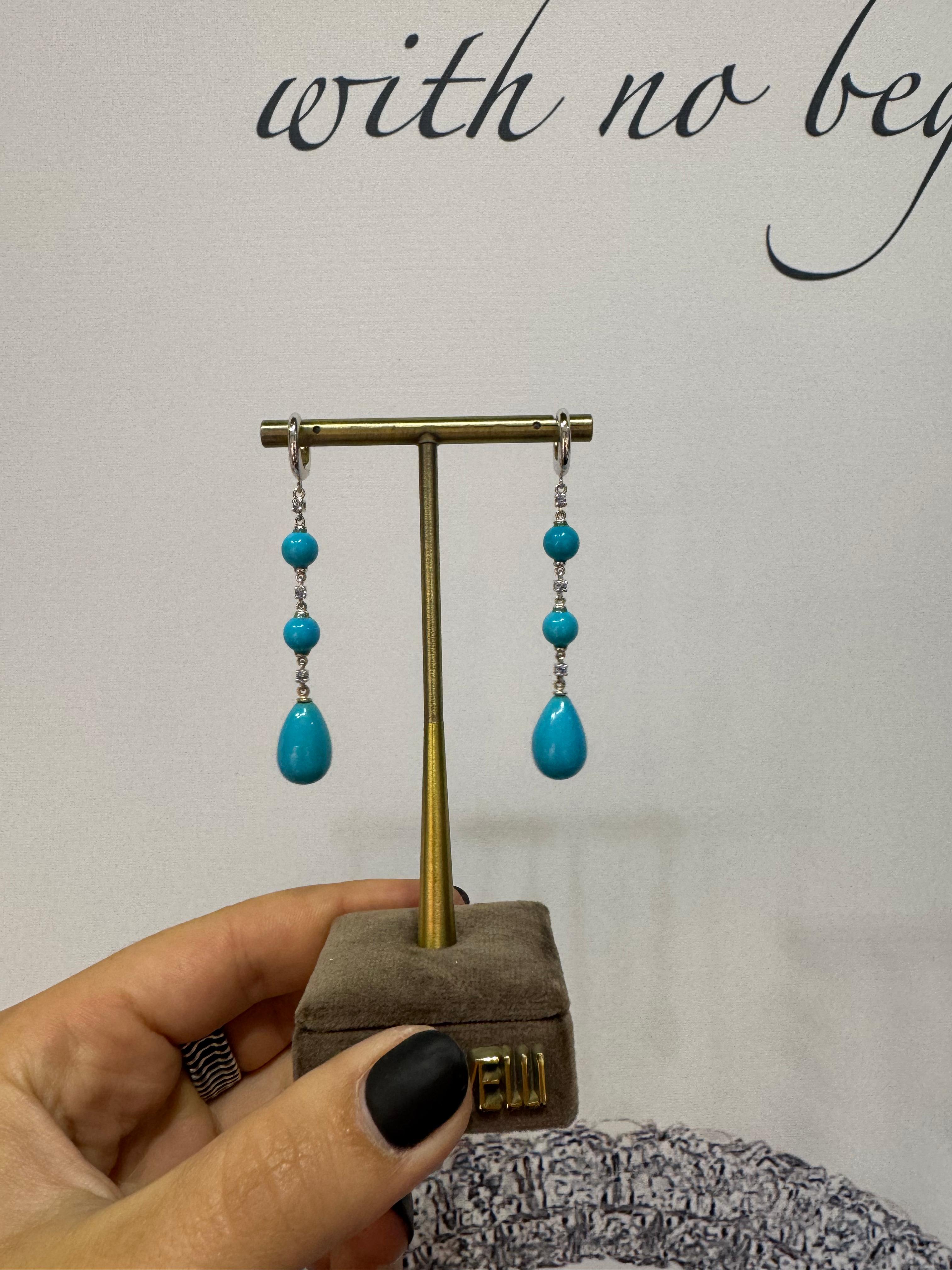 18 Kt White Gold Turquoise and  Sapphires Garavelli Hanging Earrings For Sale 3