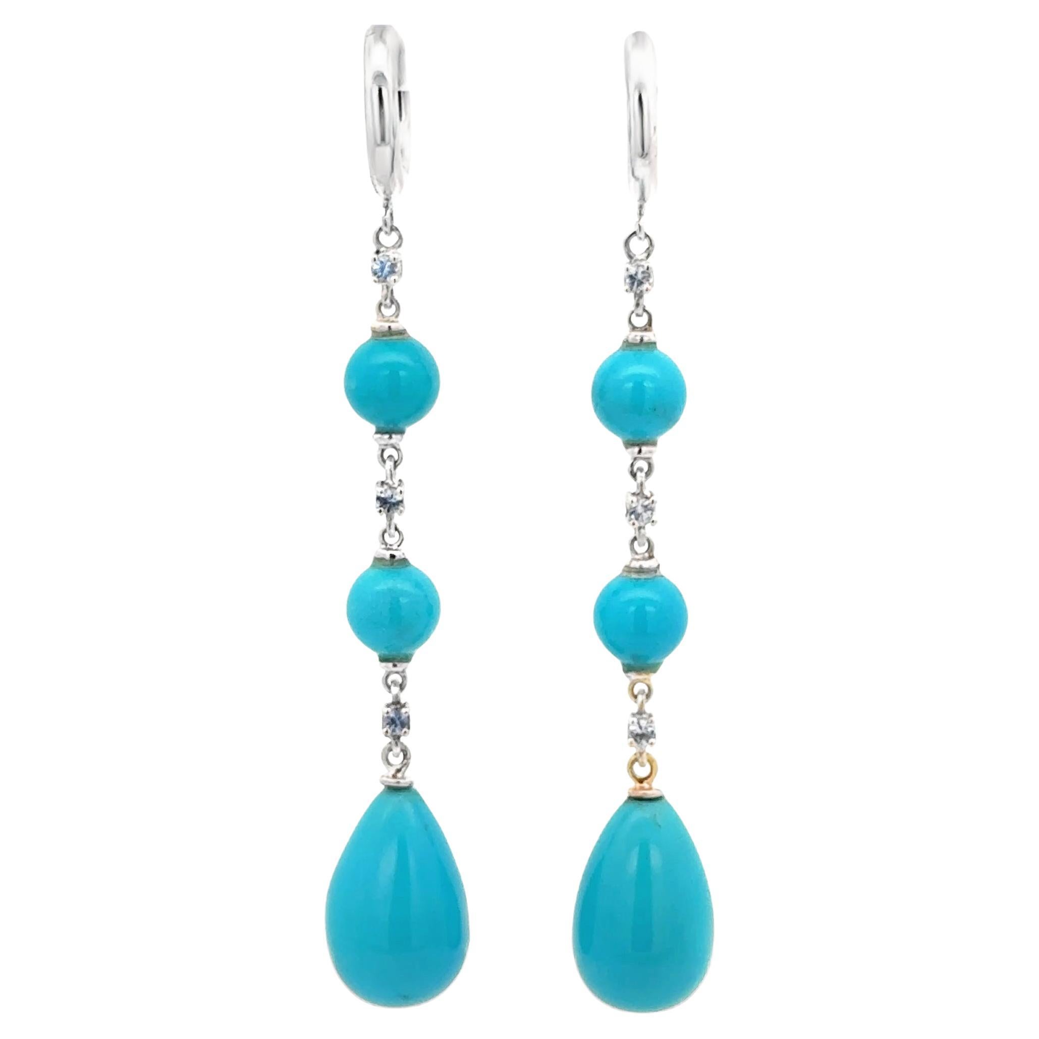 18 Kt White Gold Turquoise and  Sapphires Garavelli Hanging Earrings For Sale