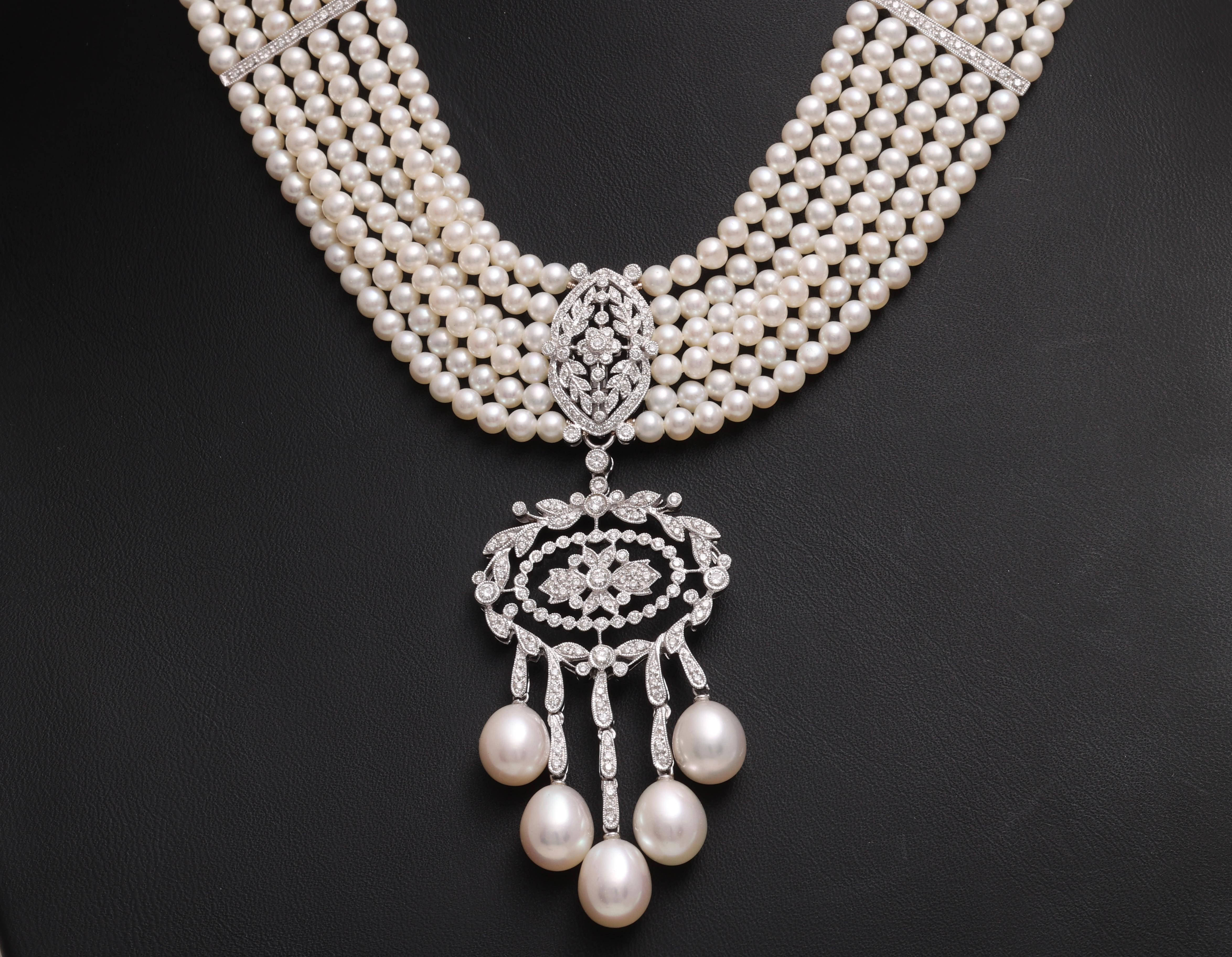 Artigiano Collana girocollo con perle e diamanti in oro bianco 18 Kt, ciondolo rimovibile in vendita