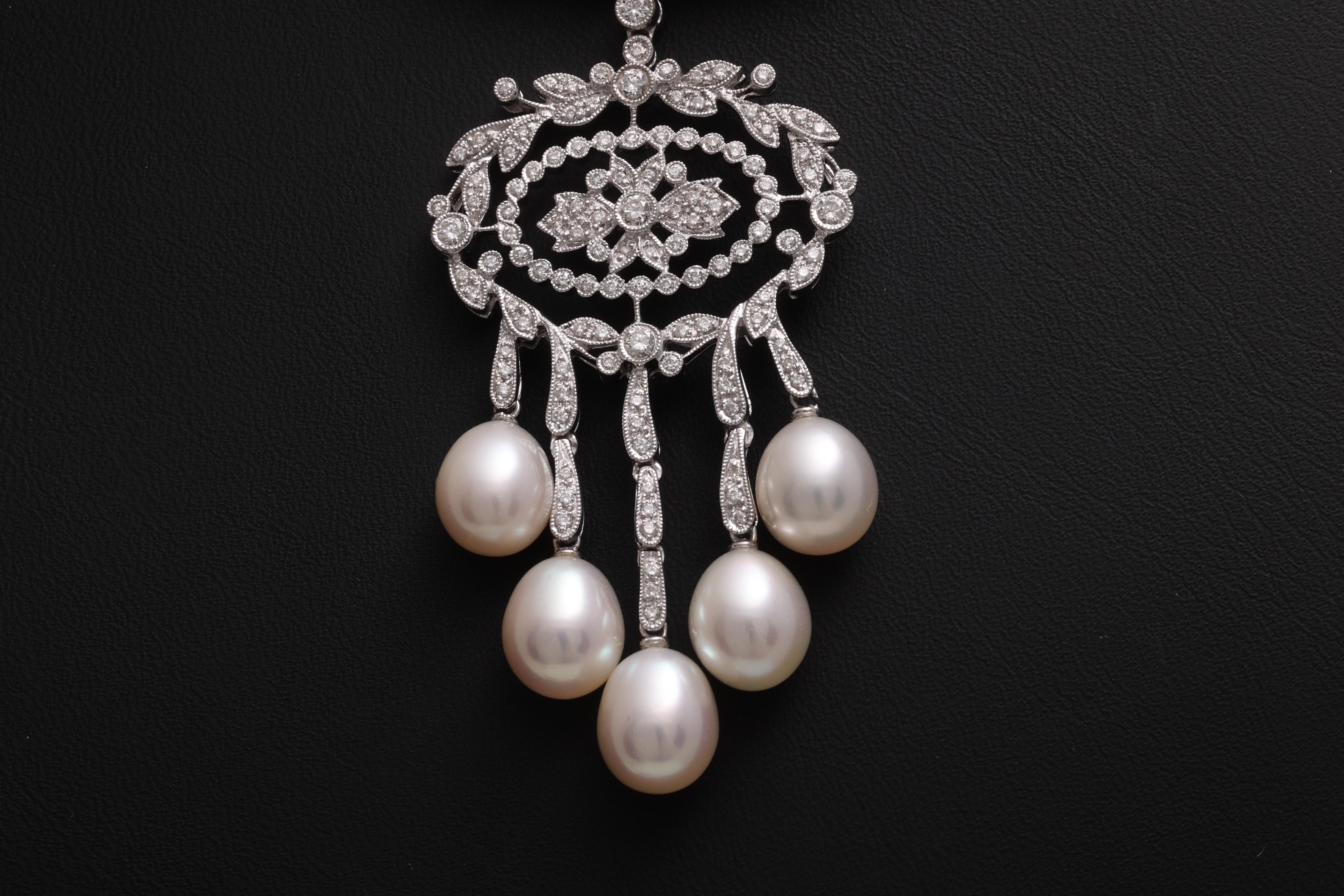 Collana girocollo con perle e diamanti in oro bianco 18 Kt, ciondolo rimovibile in vendita 2