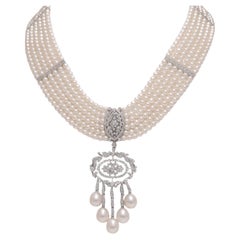 18 Kt White Gold Very Fine Pearls & Diamond Choker Necklace, Detachable Pendant