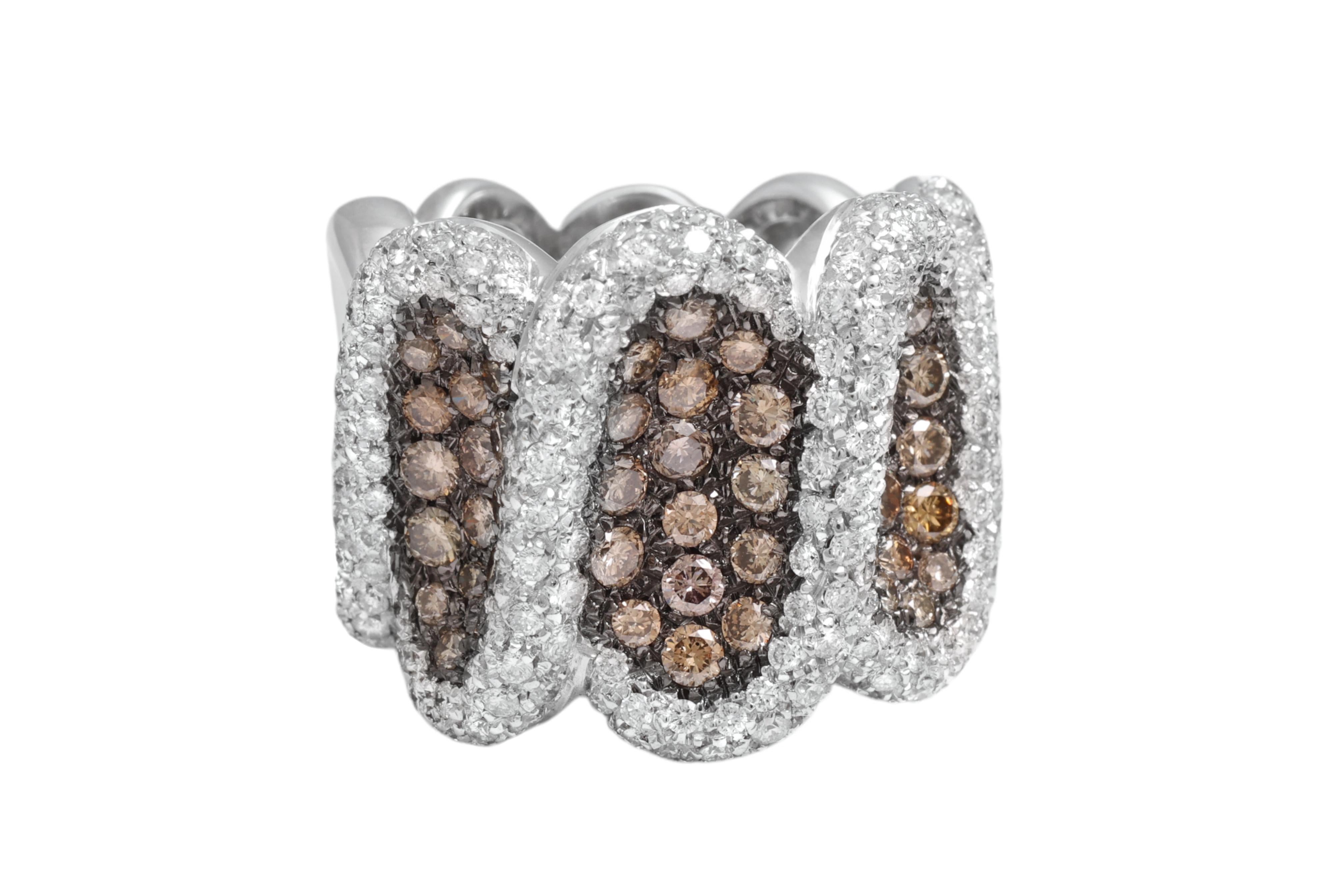 Artisan 18 Kt White Gold, White & Cognac Color Natural Diamonds Ring For Sale