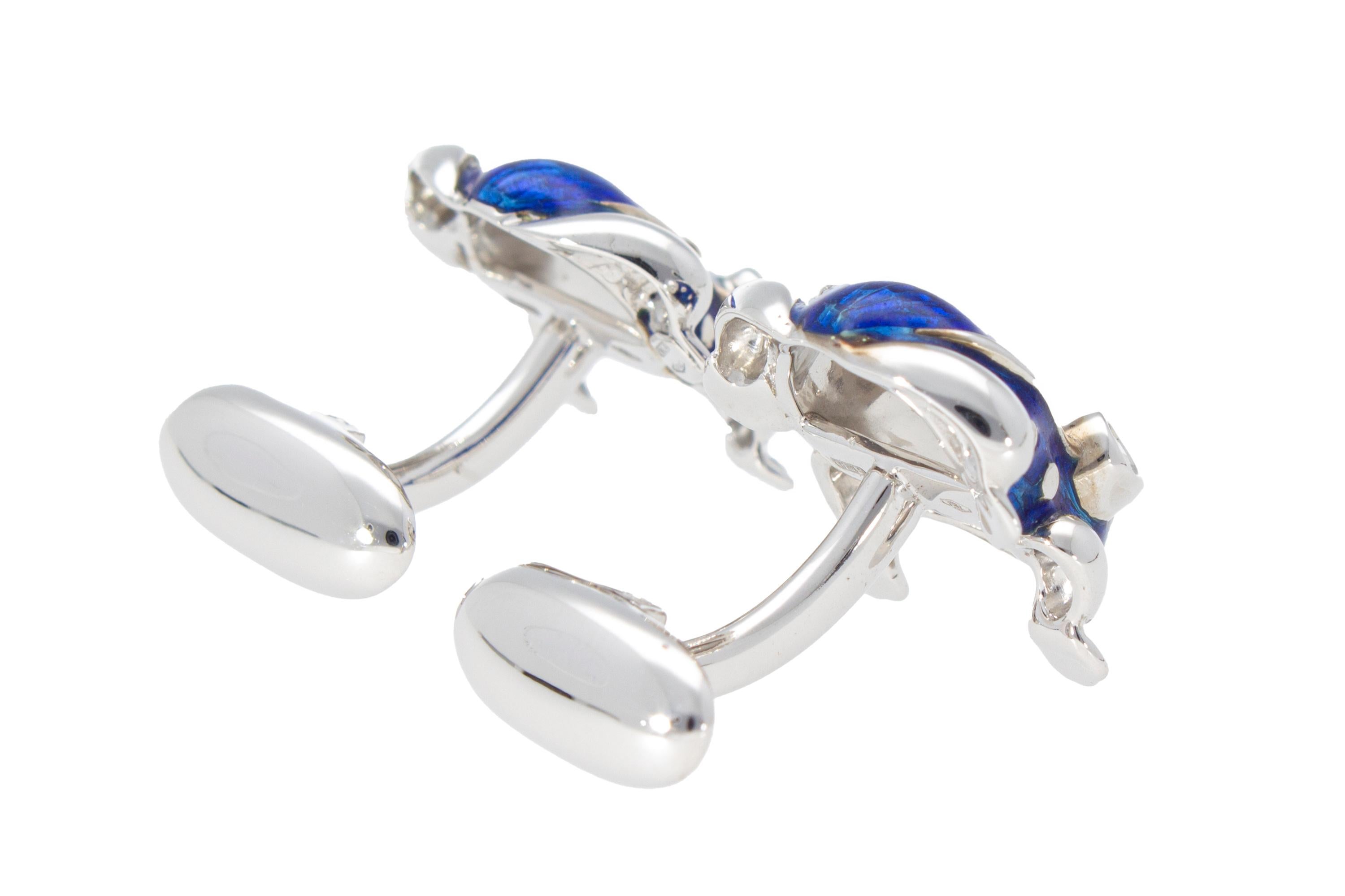 18 Kt White Gold with Blu Enamel Diamonds Frog Cufflinks Handcraft Made in Italy For Sale 5