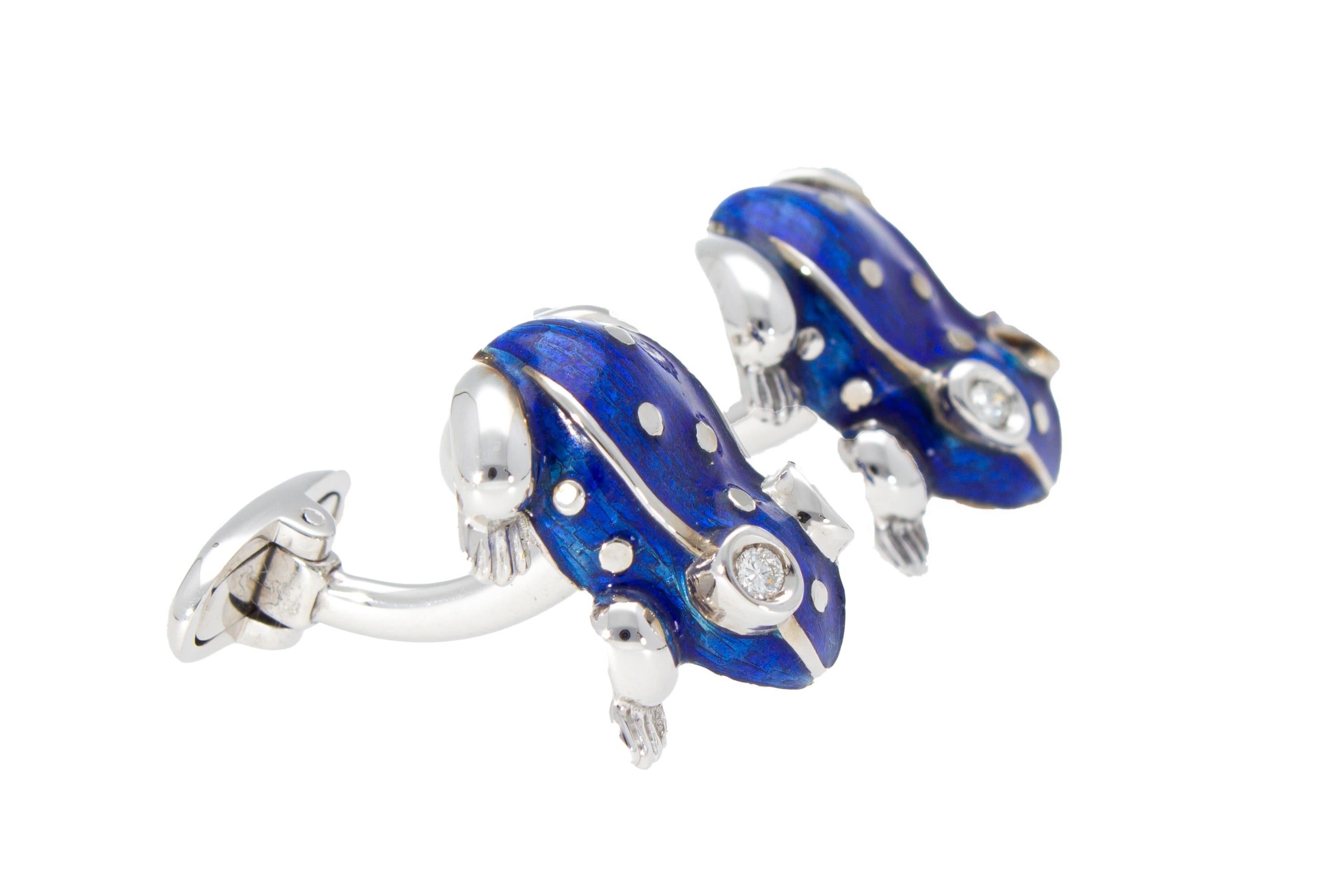 Boutons de manchette grenouille en or blanc 18 carats avec émail bleu et diamants, fabriqués à la main en Italie en vente 6
