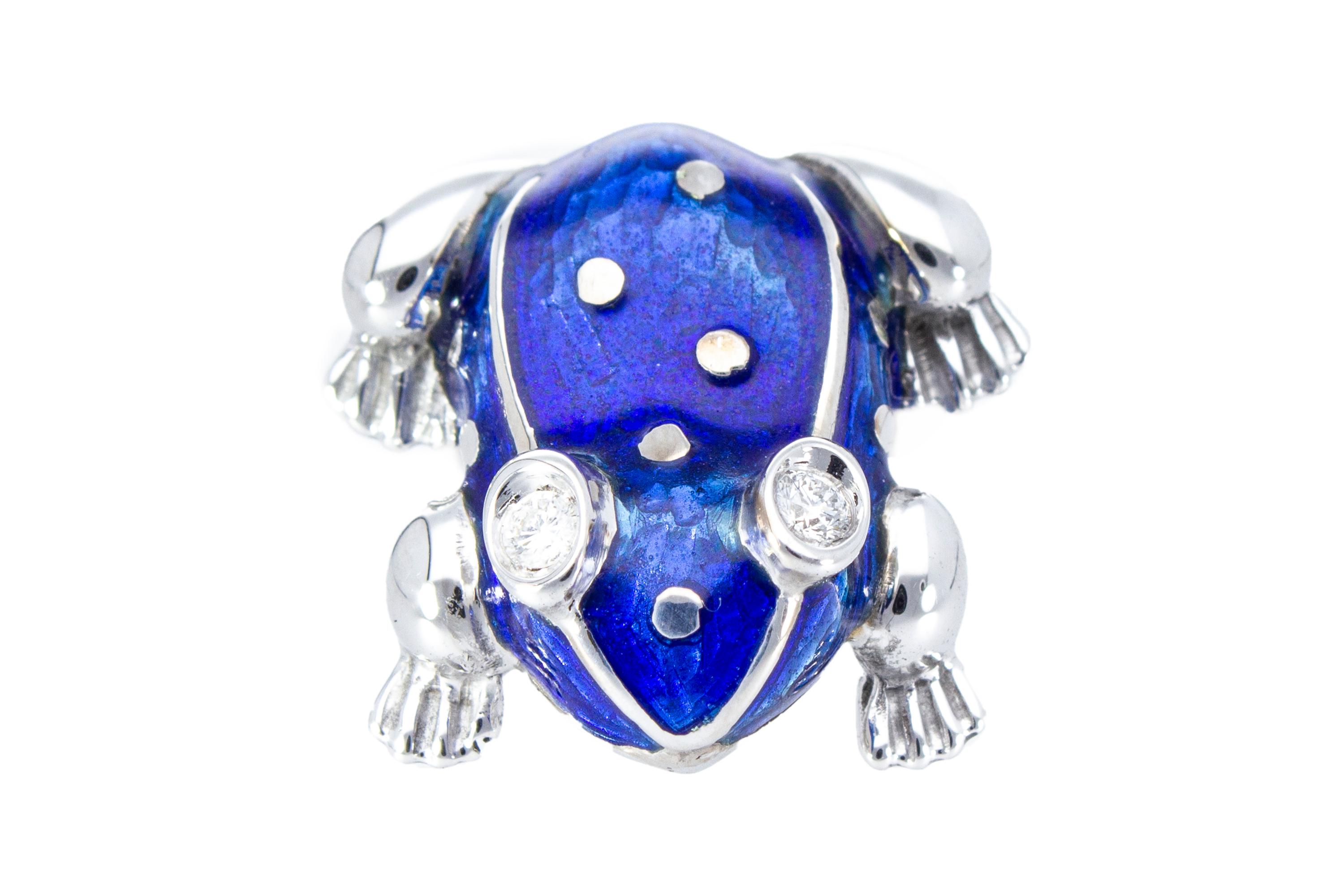 18 Kt White Gold with Blu Enamel Diamonds Frog Cufflinks Handcraft Made in Italy For Sale 7