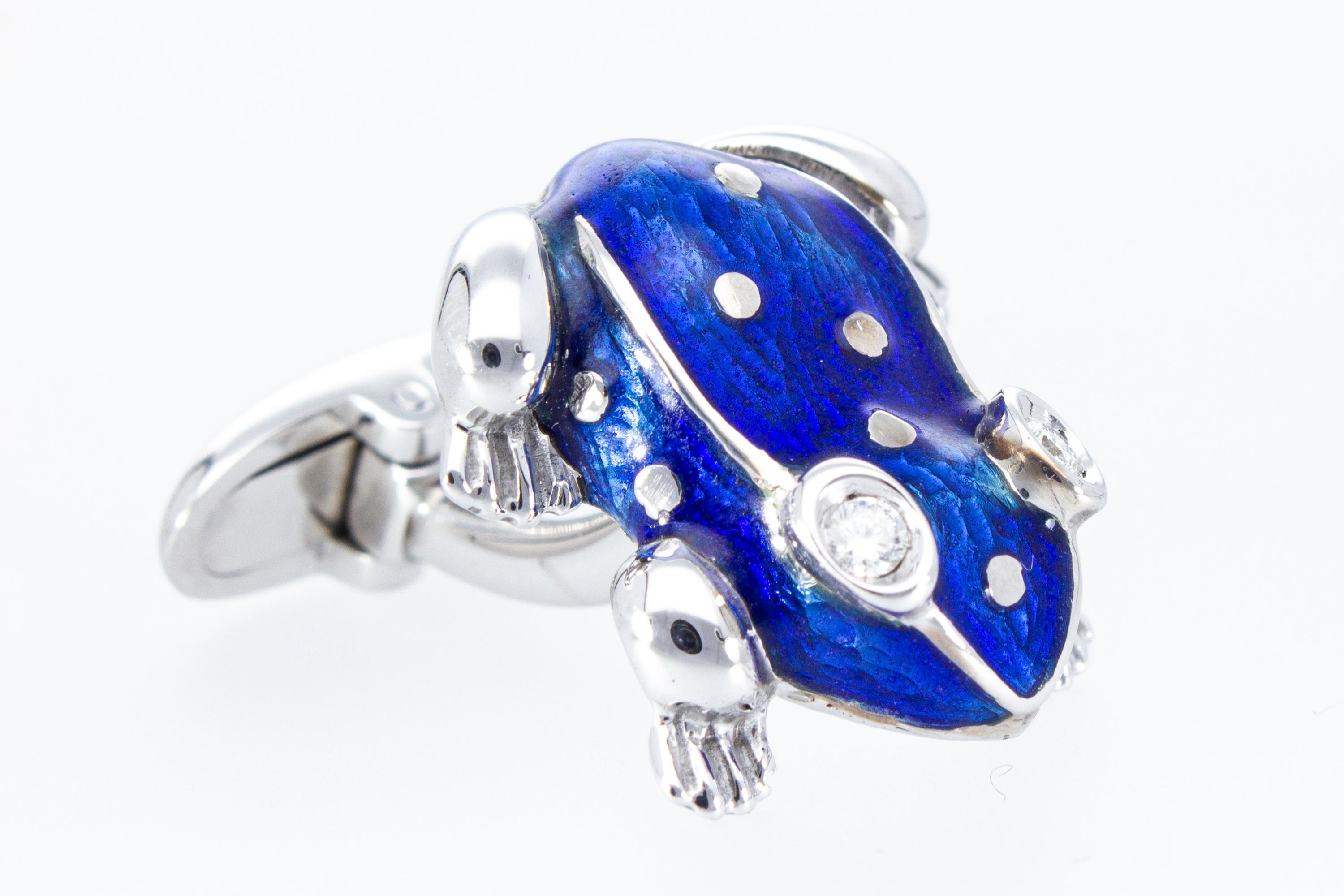 18 Kt White Gold with Blu Enamel Diamonds Frog Cufflinks Handcraft Made in Italy For Sale 8