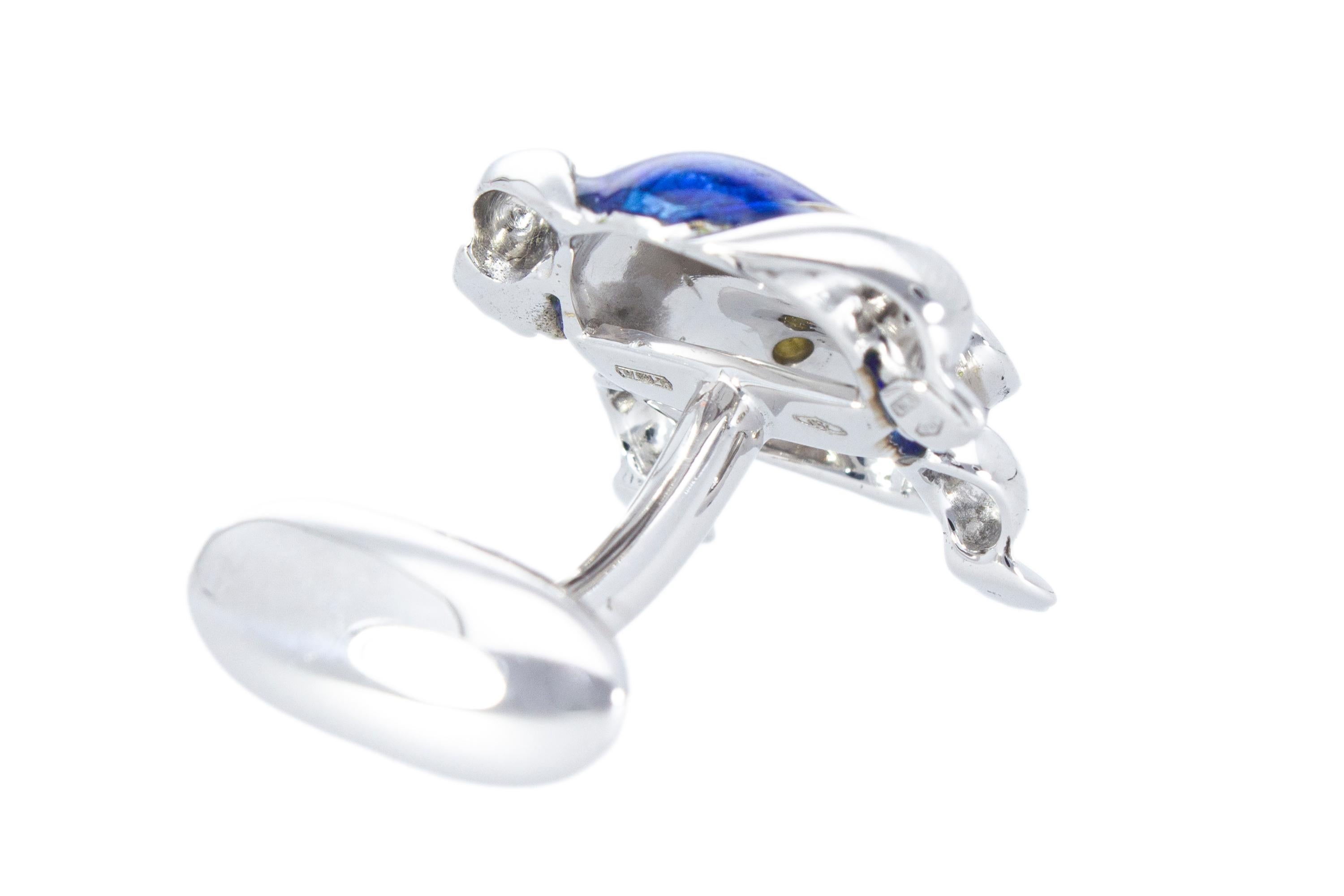 18 Kt White Gold with Blu Enamel Diamonds Frog Cufflinks Handcraft Made in Italy For Sale 10