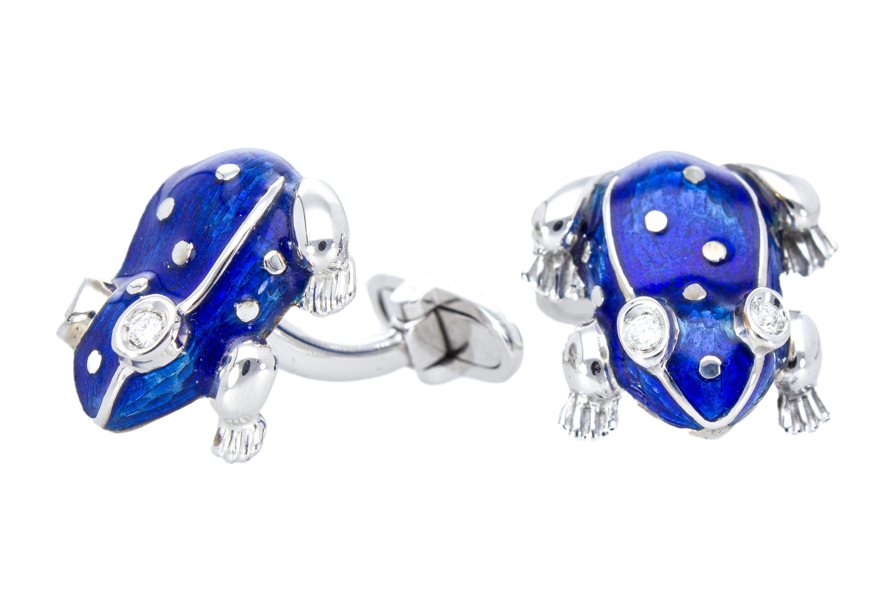 18 Kt White Gold with Blu Enamel Diamonds Frog Cufflinks Handcraft Made in Italy For Sale 12
