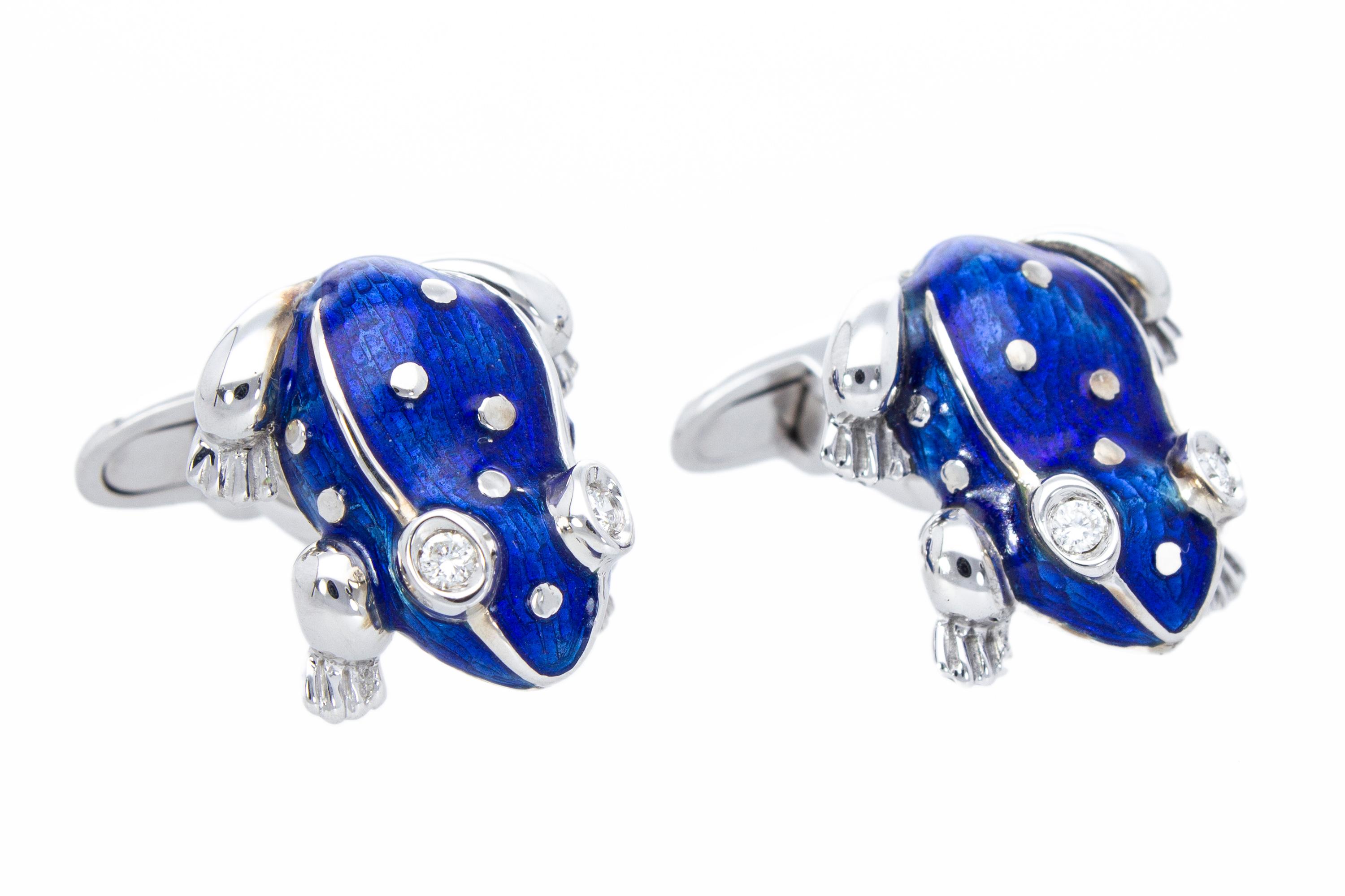 18 Kt White Gold with Blu Enamel Diamonds Frog Cufflinks Handcraft Made in Italy For Sale 13